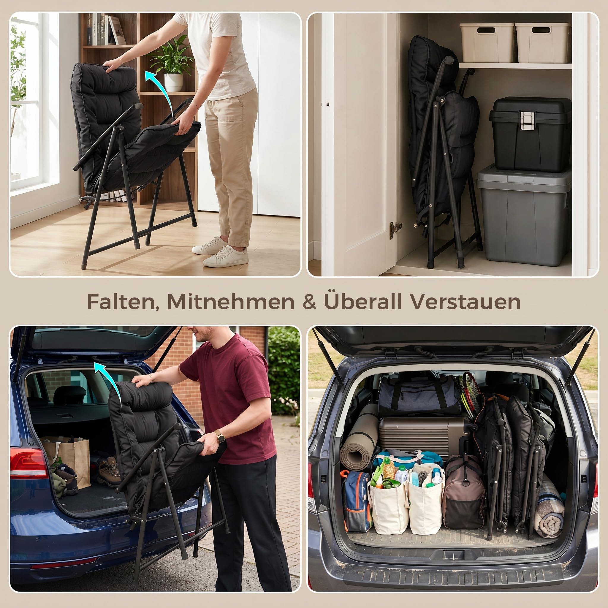 Mondeer Balkonmöbel Set 3 Teilig mit Klappstühlen und Polsterung (Schwarz) | Tisch aus gehärtetem Glas, atmungsaktiv, Klappstühle, Terrassenmöbel-Set für Balkon, Hinterhöfe, Pool