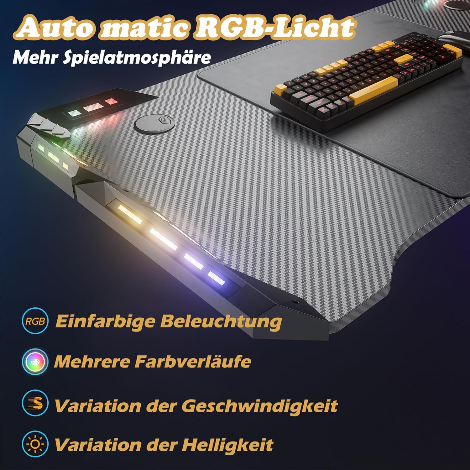 LZQ Scrivania da gaming a LED da 120 x 60 cm, colore nero, tavolo per PC con supporto per bevande e ganci per cuffie, scrivania da gaming ergonomica con telaio M