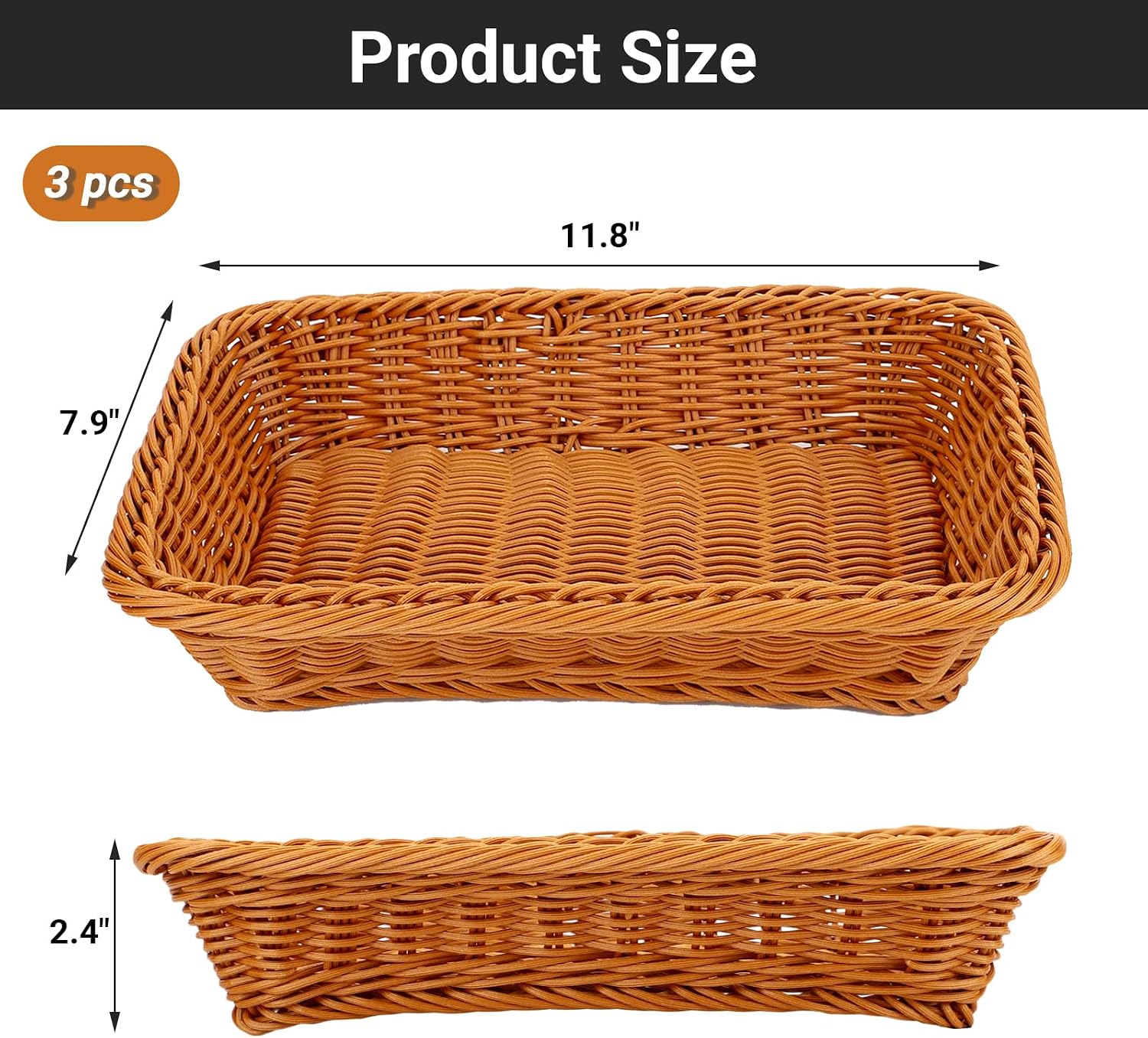 EUSOAR Wicker Bread Basket, 11.8"x 7.9"x 2.4" 3pcs Tabletop Food Serving Baskets Trays, Bread Proofing Basket, Food Fruit Vegetables Sundries Storage Basket for Restaurant Bakery Family Party