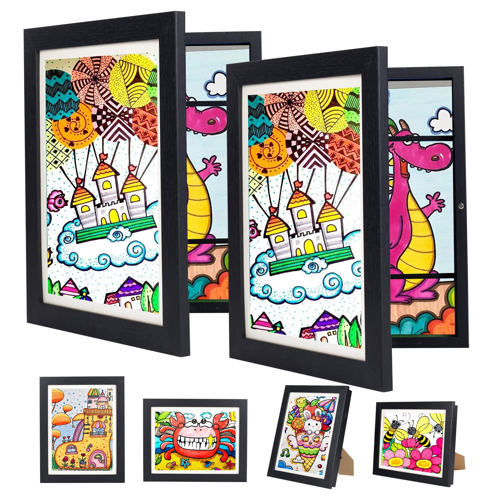 2 Stück Bilderrahmen Kinderzeichnungen A4,Bilderrahmen Aufklappbar für Kinderbilder,Frontöffnung Phoframe für Kunstwerke,Kunstprojekte,mit Aufbewahrung,Tief zum Befüllen(Schwarz)