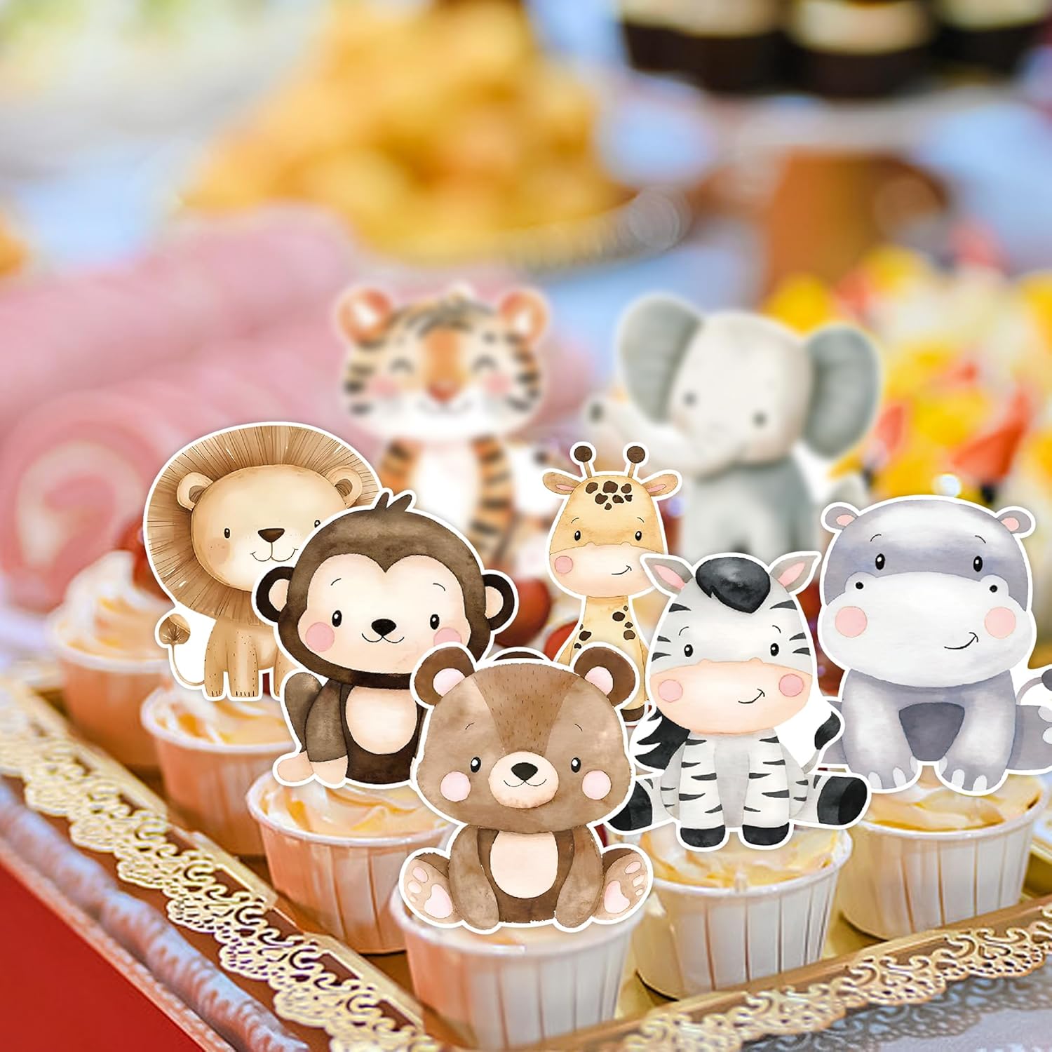 48Pcs Edible Jungle Safari Animal Cupcake Toppers Wafer Paper Safari Animals Cake Toppers Kids Baby Shower Birthday Party Decoration Supplies