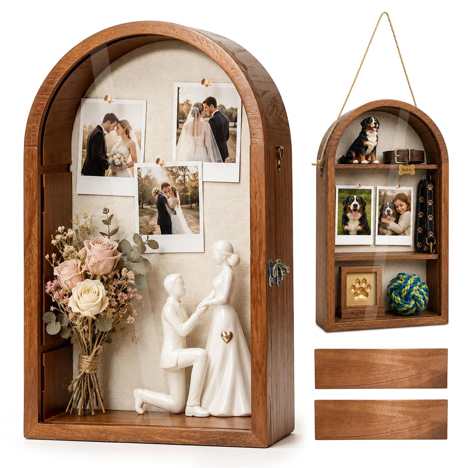 Cornice a cassettone 10x16 - Cassettoni di Grandi Dimensioni con Ripiani Rimovibili, Fondo in Lino e sportello in Acrilico; Cornice per Foto, Bouquet da Sposa, cimeli, medaglie, Foto