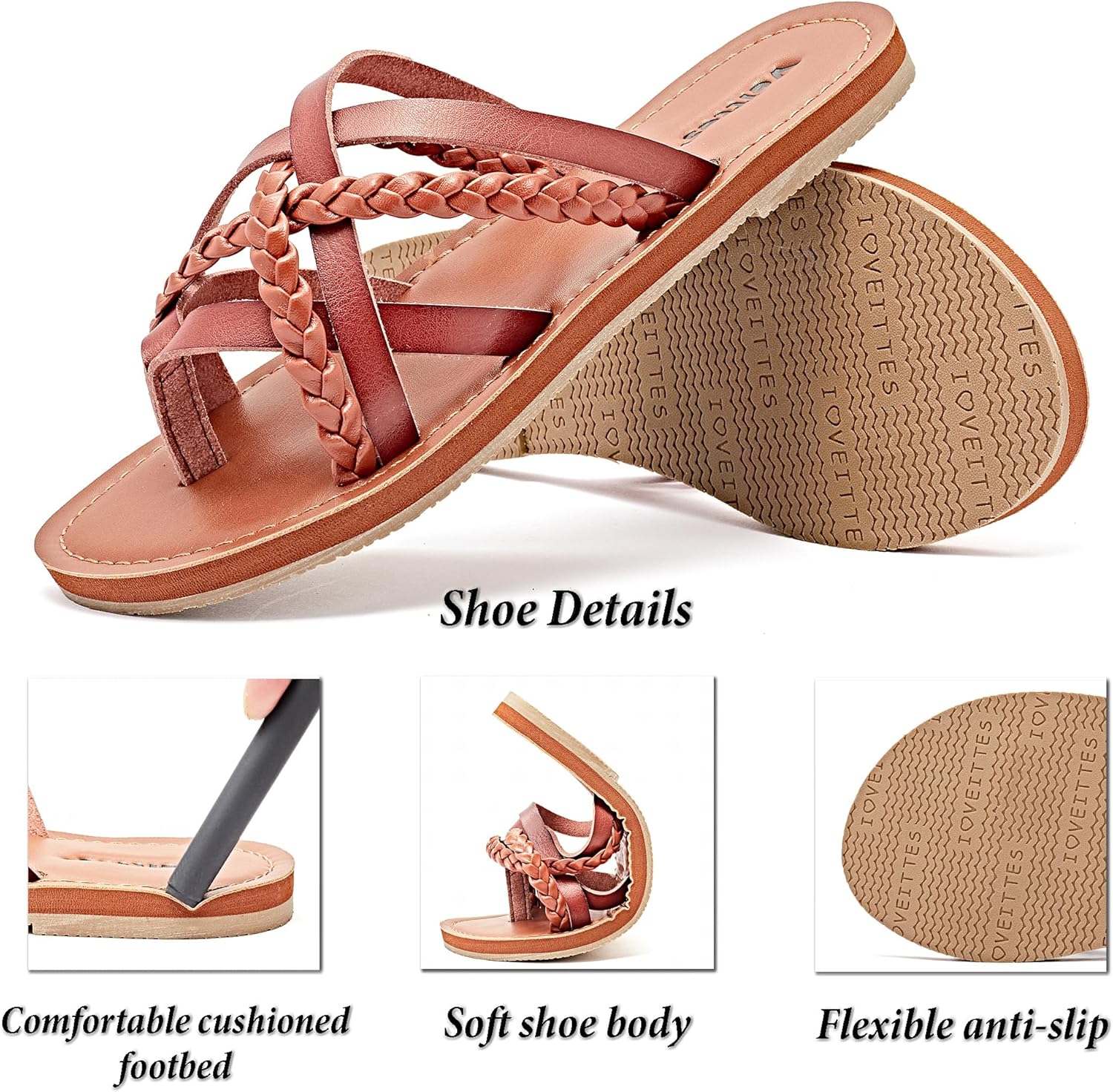 Veittes Women's Flat Slide Sandals - Casual Comfort Braided Multiple Cross Pinstripe Flat Summer Sandals.(2307001,BR/MF,11) - Image 5