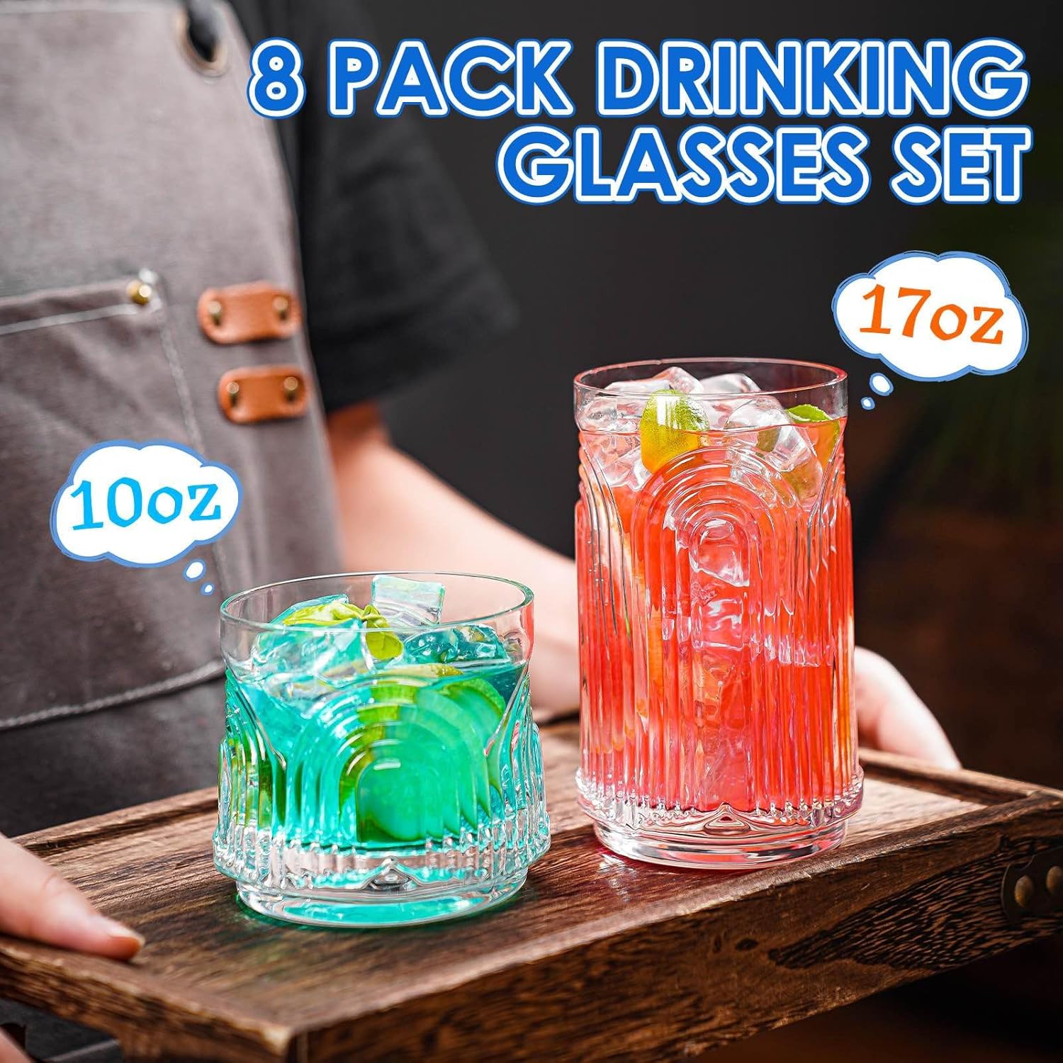 Vintage Drinking Glasses, Art Deco Glassware, Set of 8 Hand-Made Glass Cups-17oz Highball Glasses & 10oz Cocktail Glasses, Ribbed Glassware, Bar Tumbler Set, Kitchen Glass ware - Image 2