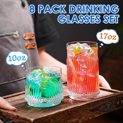 Miniatura 2 de Vasos para beber vintage, cristalería Art Deco, juego de 8 vasos de vidrio hechos a mano, vasos altos de 17 onzas y vasos de cóctel de 10 onzas,