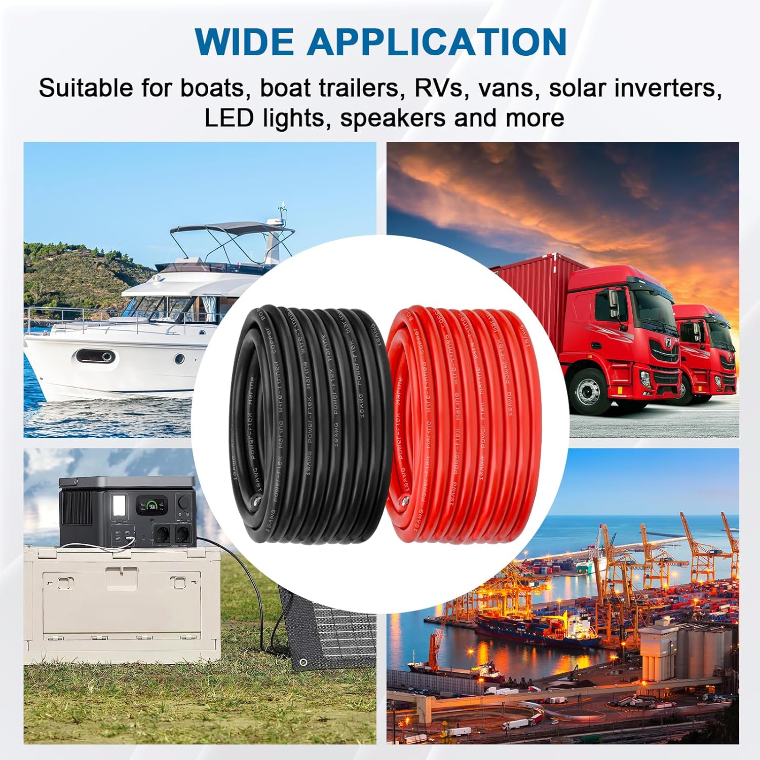 18 Gauge Marine Wire, 18 AWG Tinned Copper Electrical Wire, Boat Cable for Automotive, Solar, Car Audio, Trailer, Camper & Marine Wiring(18 AWG, 100FT Red + 100FT Black)