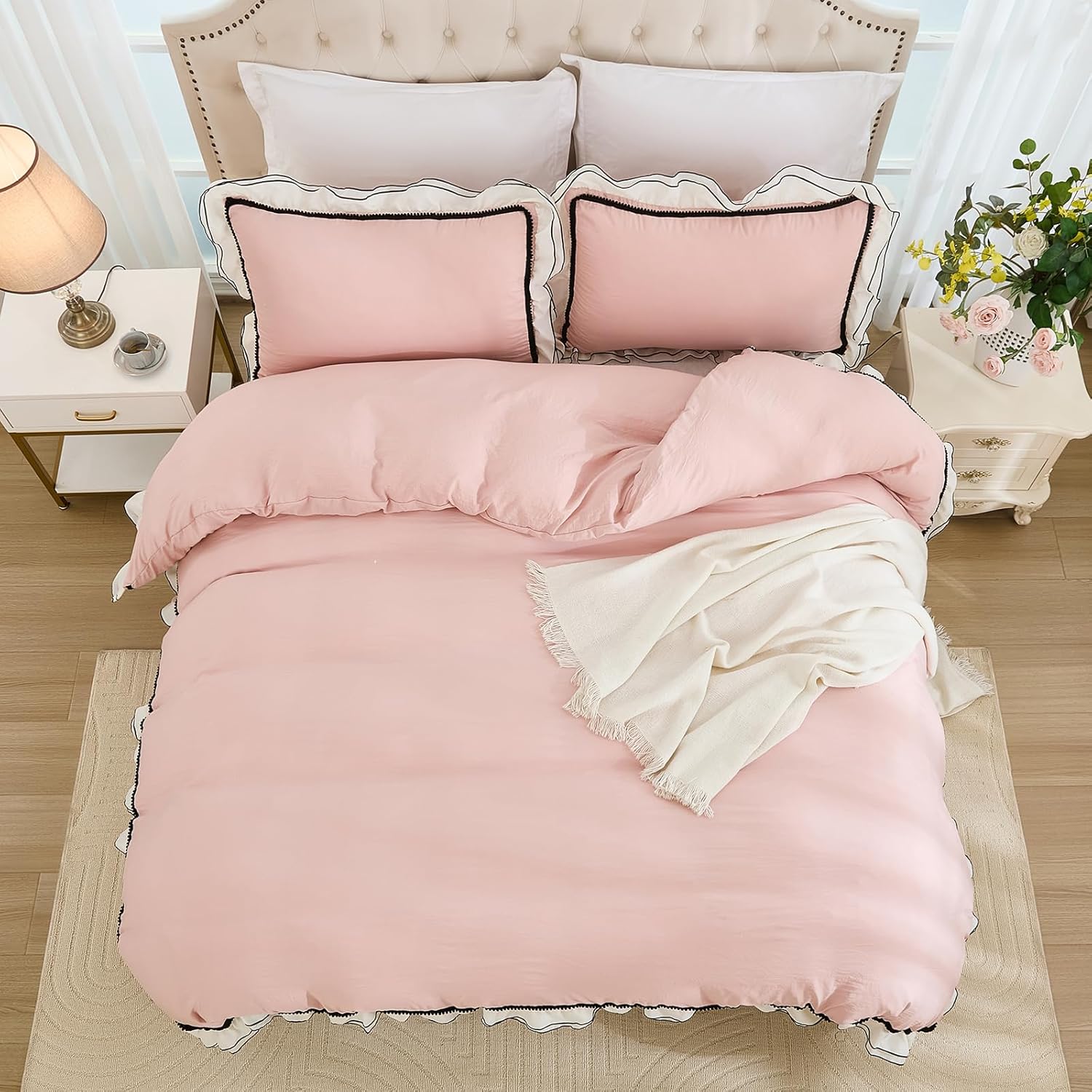 Herside Pink Comforter Set King Size,Ruffle Pompoms Chic French Style Bedding Sets,Fluffy Coquette Comforters Sets for All Season,Vintage Ruffled Lightweight Quilt Set for Women Girls Room Decor