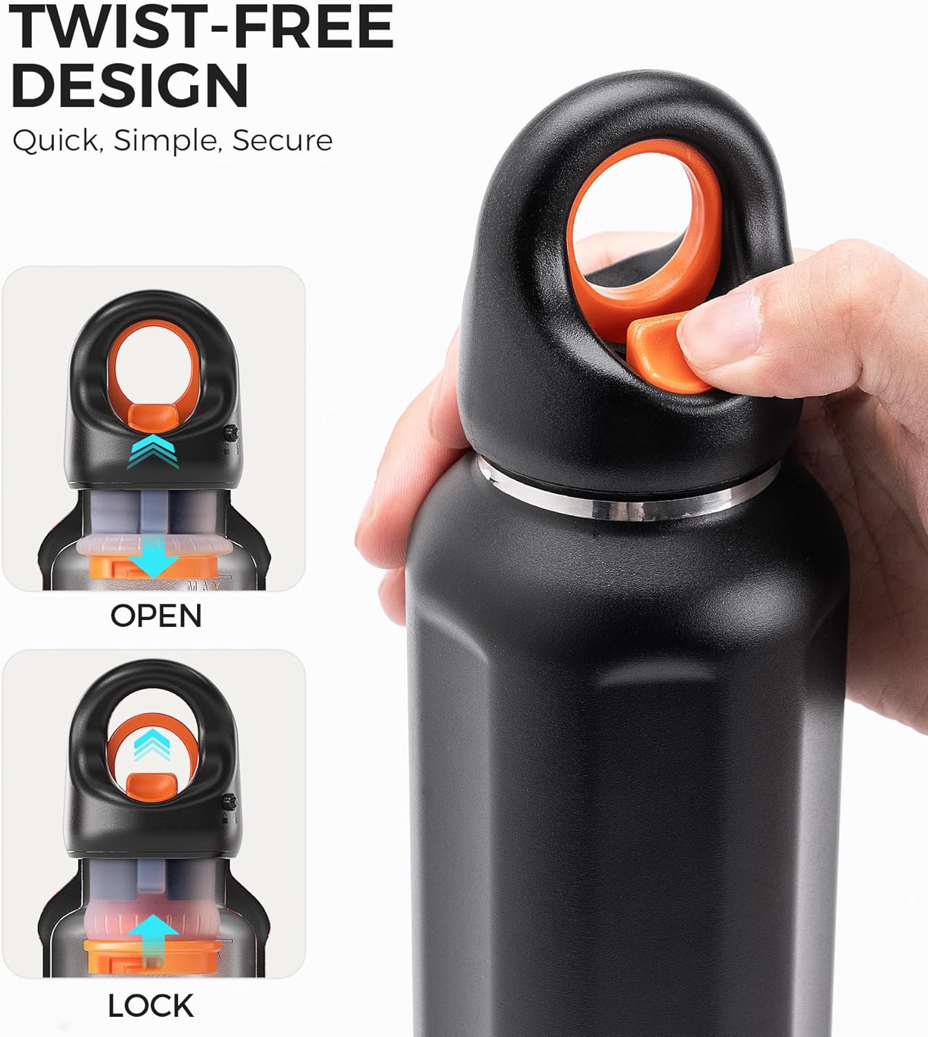 TakeToday 20oz Insulated Water Bottle, Stainless Steel Double-Wall Vacuum Thermos, One-Touch Easy-Open Lid, Double-Lock Leakproof, Fits Cup Holder (2.91"), Keeps Cold 36H, BPA-Free Lid, Black