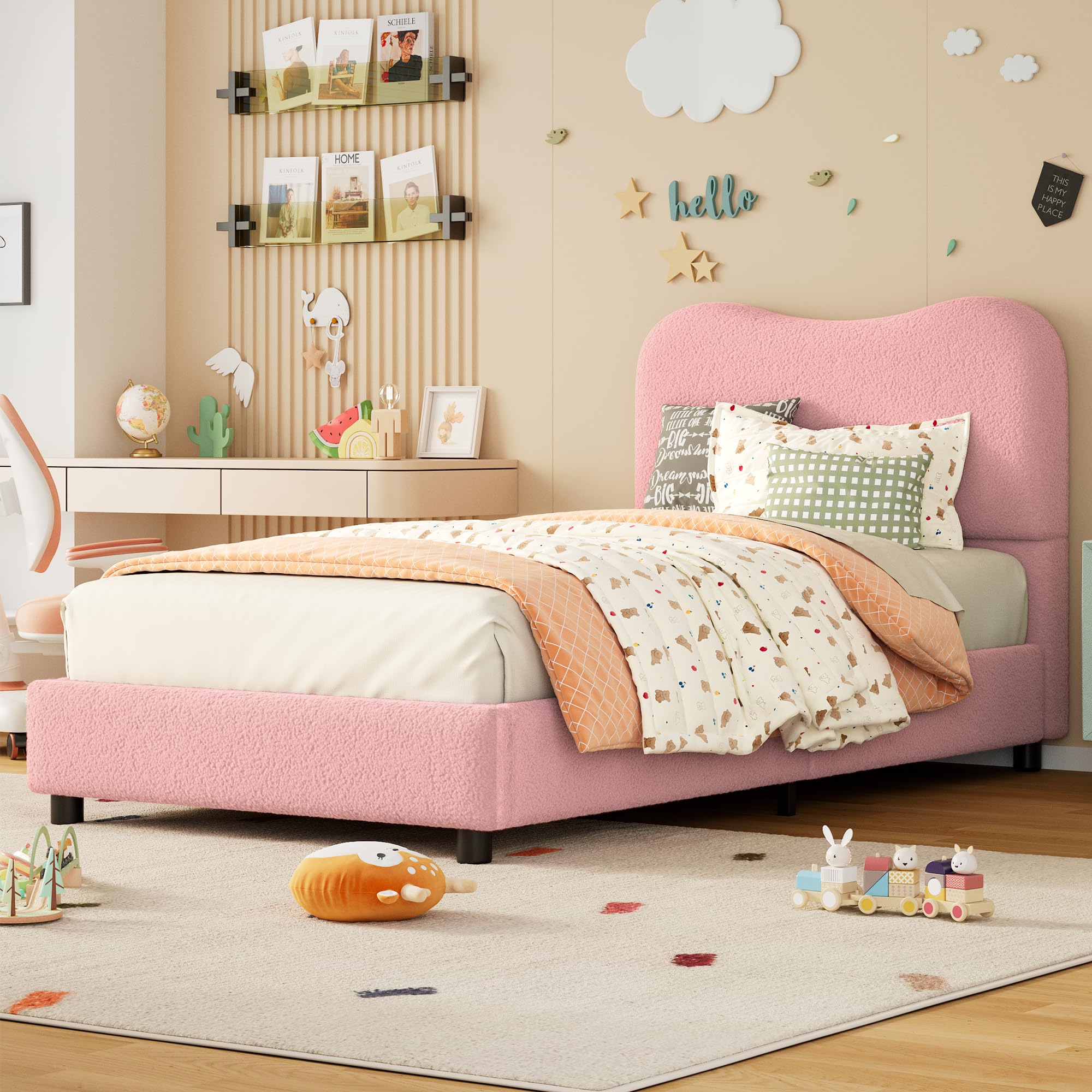 Boucle Twin Bed Frame for Kids with Upholstered Headboard, Low Profile Sturdy Platform Bed with Soft Boucle Fabric for Girls and Boys, Heavy Duty,