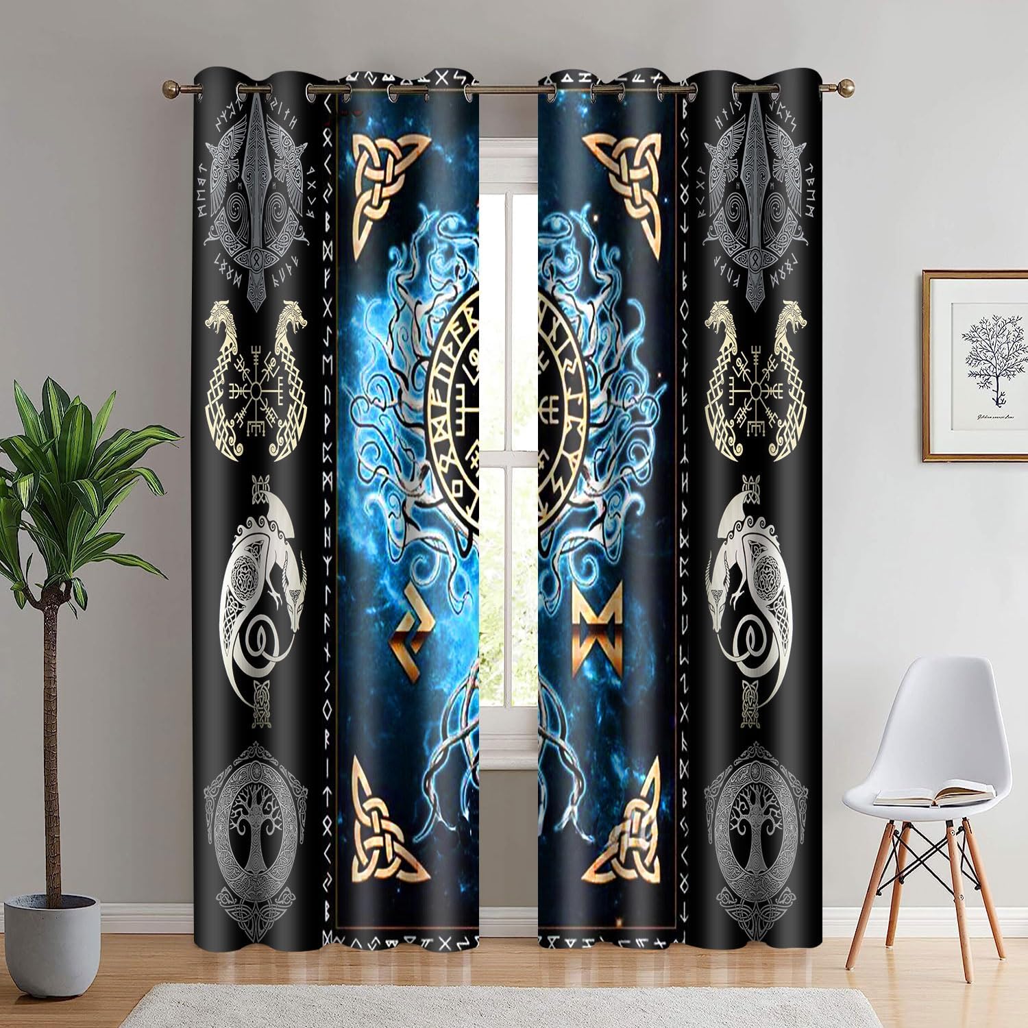 Viking Blackout Curtains Scandinavian Pirate Totem Printed Curtain Room Darkening Ancient Mythology Tree of Life Window Treatments for Bedroom Living Room 2Panels 52x84inch CLHJMS58