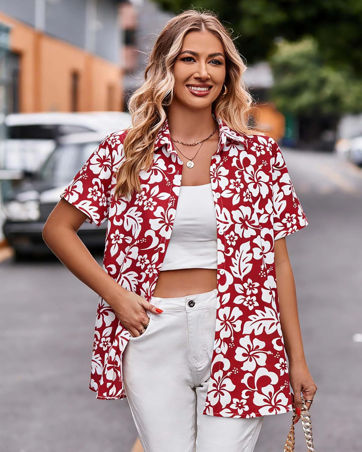 Women Hawaiian Shirt Button Down Summer Tops Beach Cool Short Sleeve V Neck Blouse - Image 2