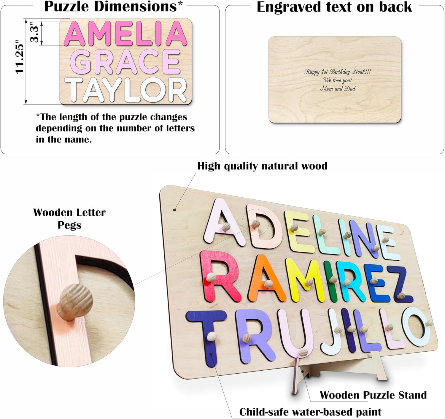 Wooden Three Name Puzzle for Kids Personalized Puzzle for Baby Name Puzzles for Toddlers 1-3 Personalized Baby Gifts 1st Birthday Girl Gifts 1 Year Old Boy