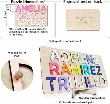 Wooden Three Name Puzzle for Kids Personalized Puzzle for Baby Name Puzzles for Toddlers 1-3 Personalized Baby Gifts 1st Birthday Girl Gifts 1 Year Old Boy