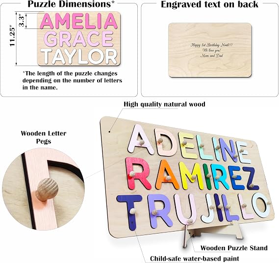 Wooden Three Name Puzzle for Kids Personalized Puzzle for Baby Name Puzzles for Toddlers 1-3 Personalized Baby Gifts 1st Birthday Girl Gifts 1 Year Old Boy
