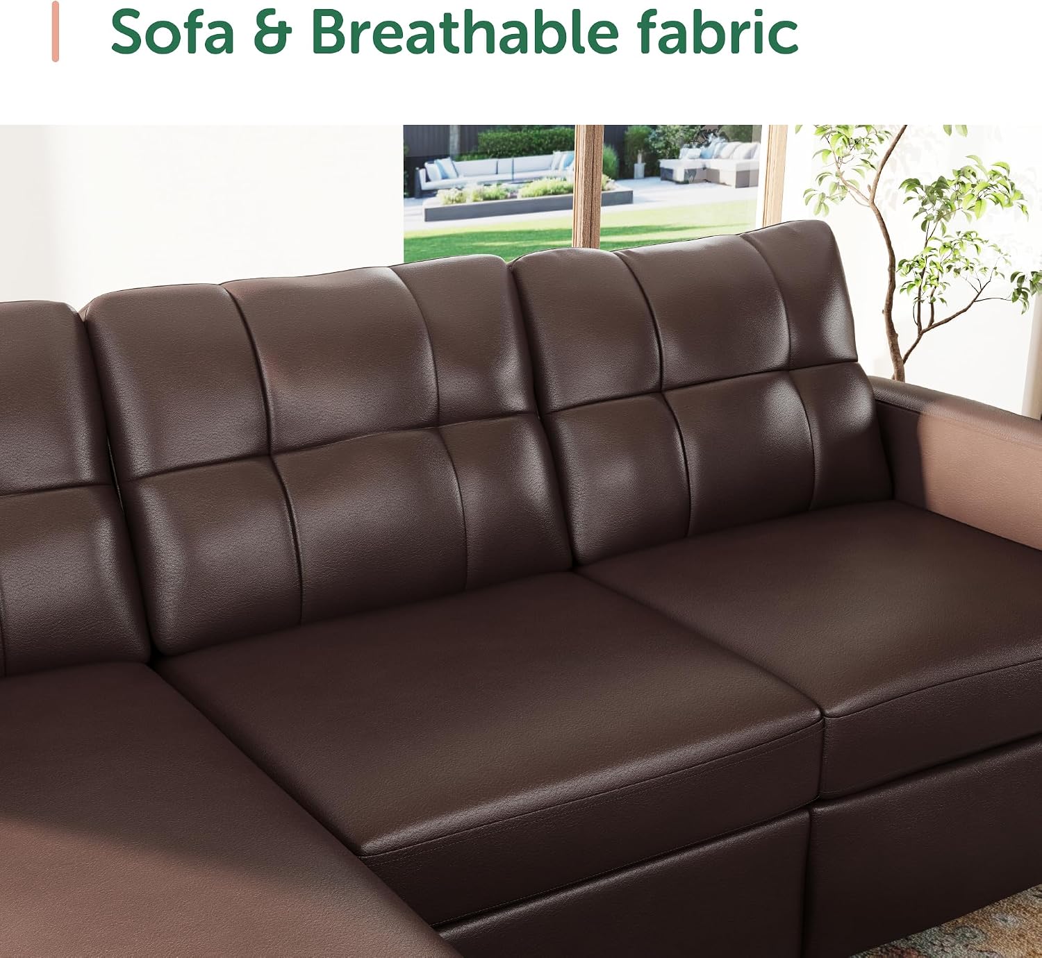 HONBAY Faux Leather L-Shaped Sectional Sofa Convertible Couch for Small Spaces Mid Brown