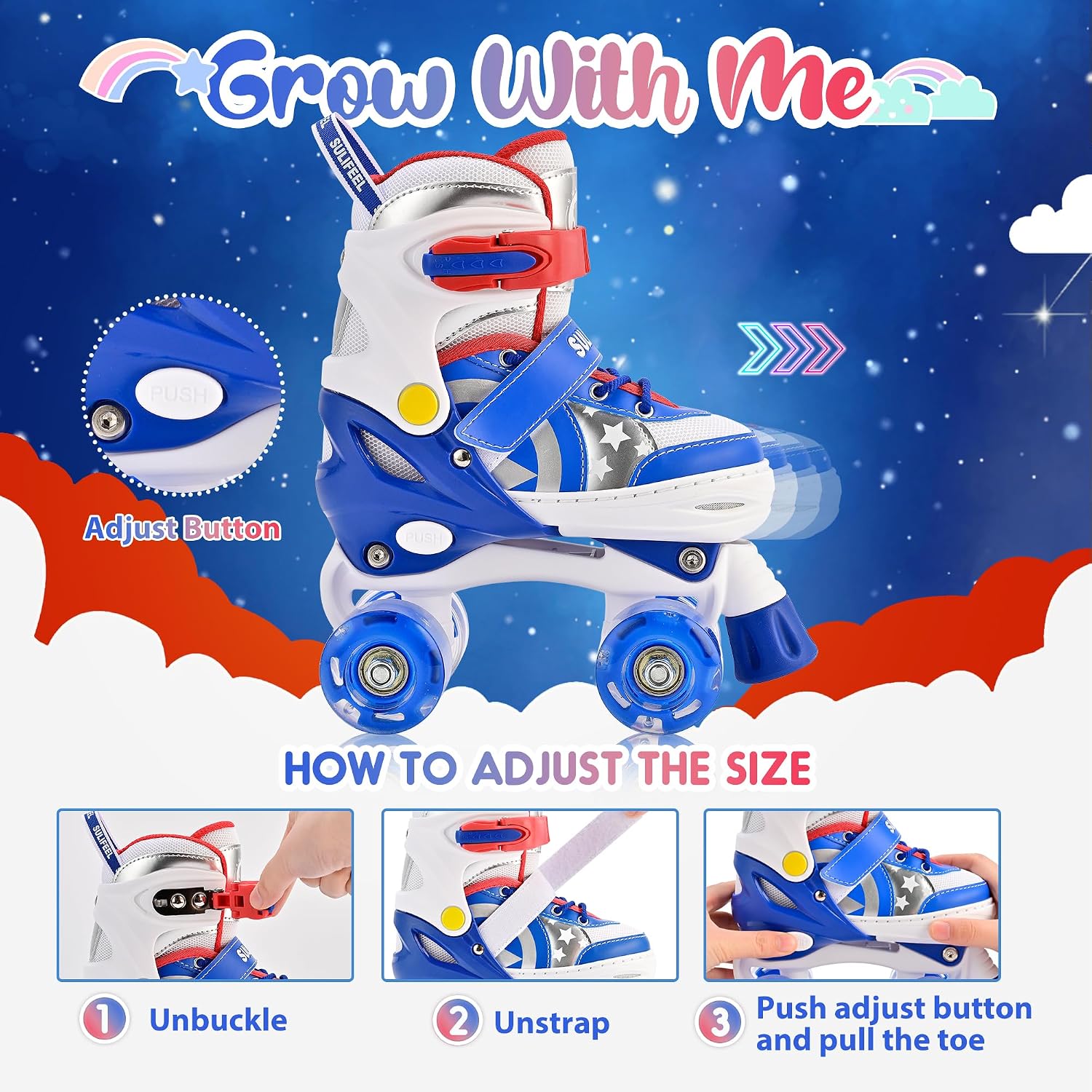 Adjustable Kids Roller Skates with Light-Up Wheels + Protective Gear Set, Rainbow Unicorn Style Complete Safety Bundle for Boys & Girls Ages 3-12 image 2