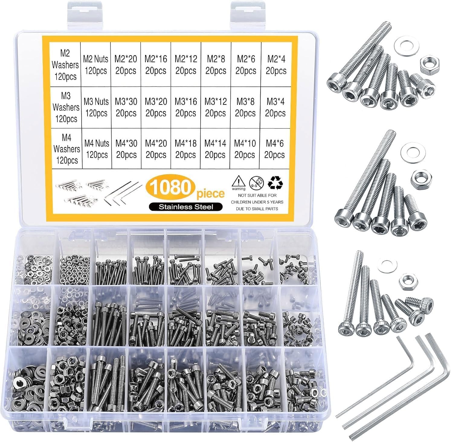 Excefore 1080pcs M4 M3 M2 Stainless Steel Screws Bolts Nuts Lock and Flat Gasket Washers Assortment Kit, Precise Metric Screws and Nuts Set, with 3 Pieces Hex Keys for Free, included Tool Box