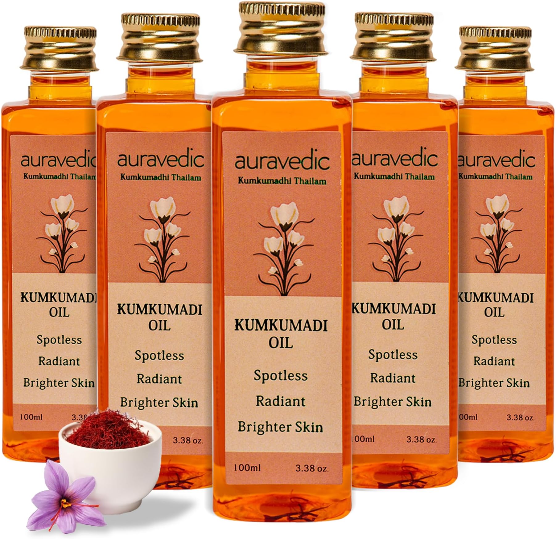 Auravedic Kumkumadi tailam for face for glowing skin 100 ml pack of 5 Kumkumadi oil face serum oil Dark spot corrector glow serum for women men