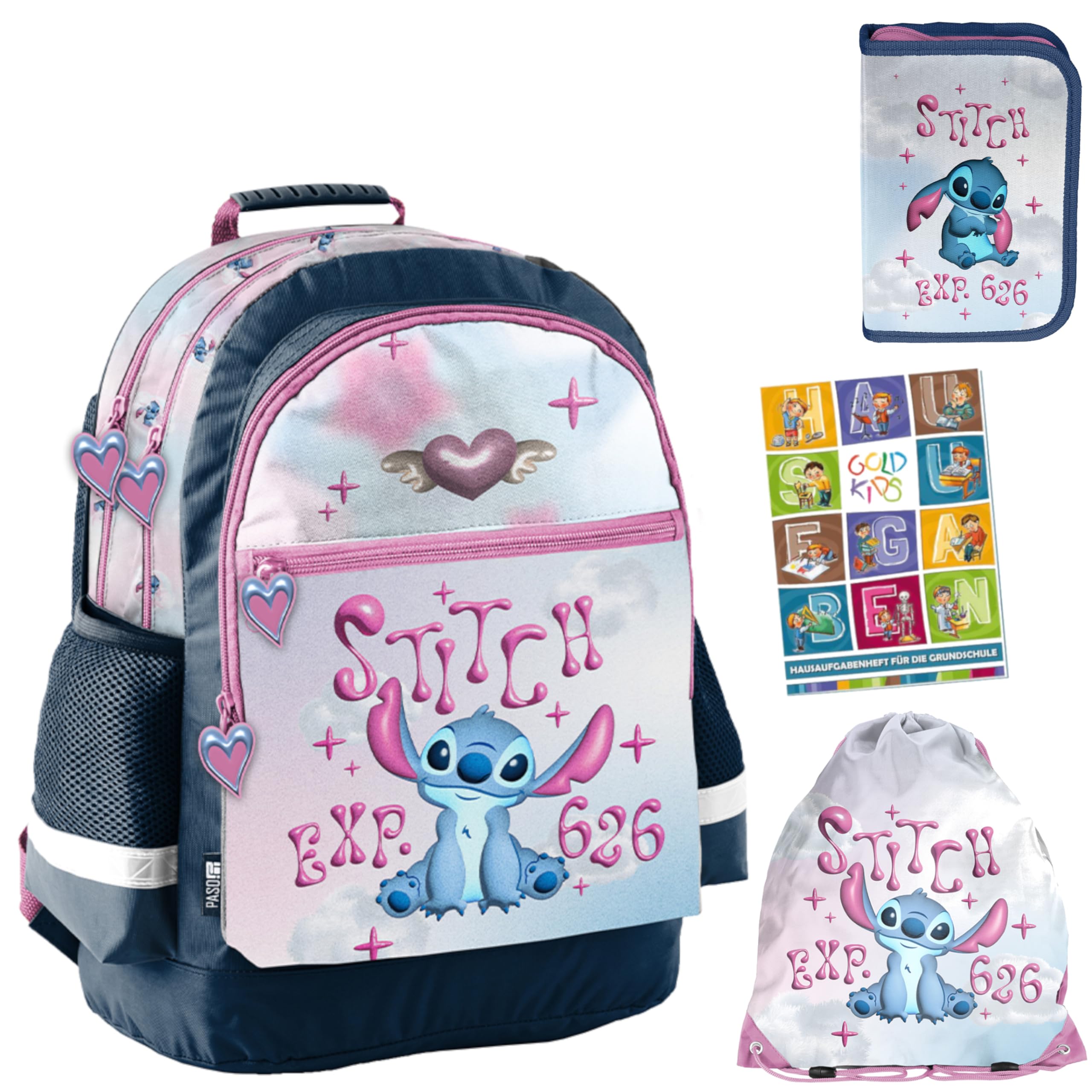 PASO- Schulranzen für Jungen und Mädchen, 4er-Set - Schul-Rucksack für Kinder mit Federmäppchen - Schuhbeutel und Hausaufgabenheft - Stitch Motiv- 1-3 Klasse