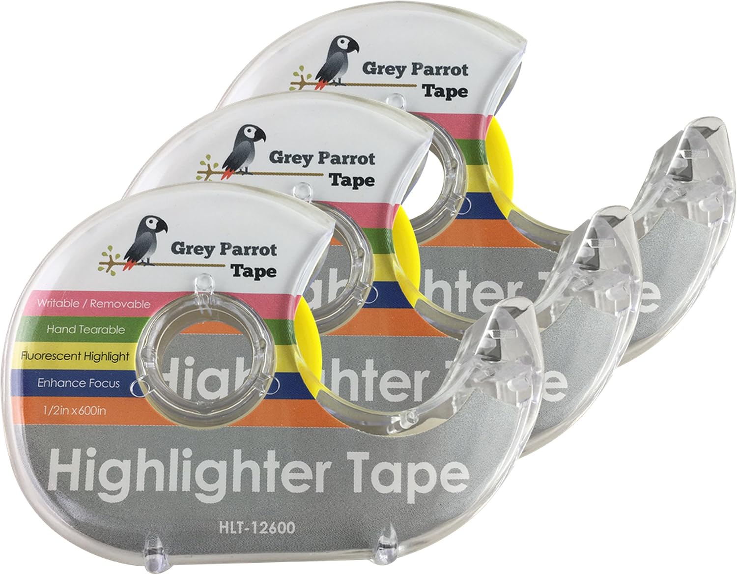 GreyParrot Tape Fluorescent Neon Highlighter Tape Removable, (3 Pack All Yellow), 1/2in x 600in Per Roll, Office/Craft Tape