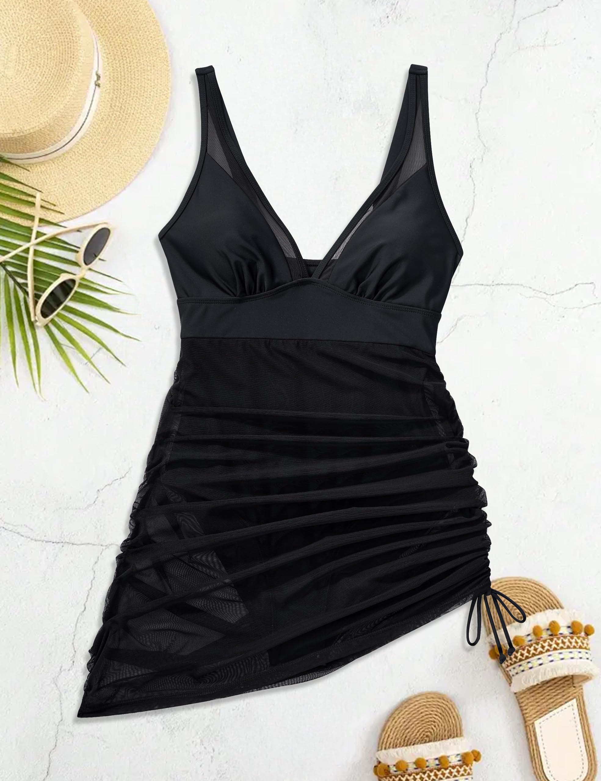 SUUKSESS Women Mesh One Piece Swim Dress Swimsuit Tummy Control Bathing Suit