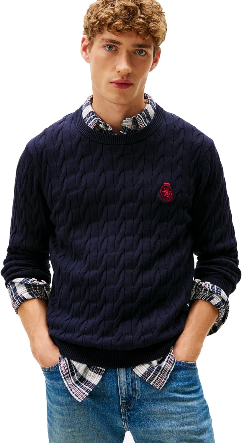 Tommy Hilfiger Mens Crest Cable Knit Crewneck Sweater Lightweight Pullover