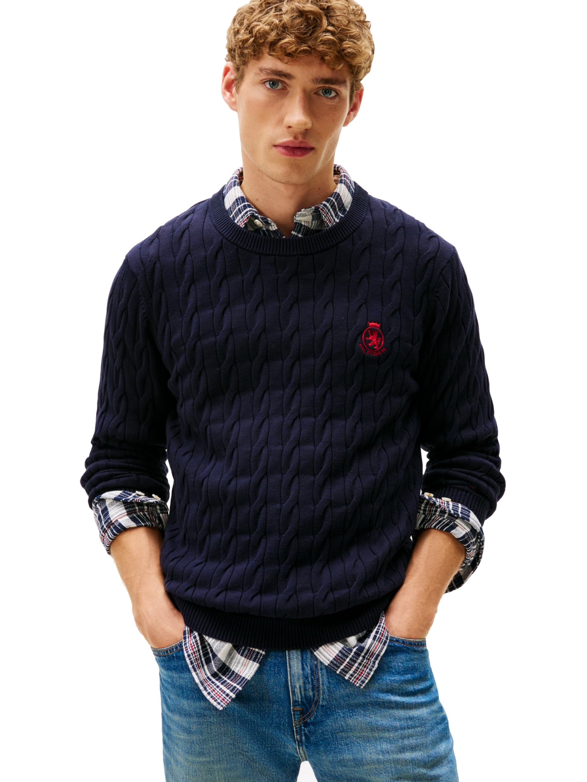 Tommy Hilfiger Men's Crest Cable Knit Crewneck Sweater Lightweight Pullover, Desert Sky, XL