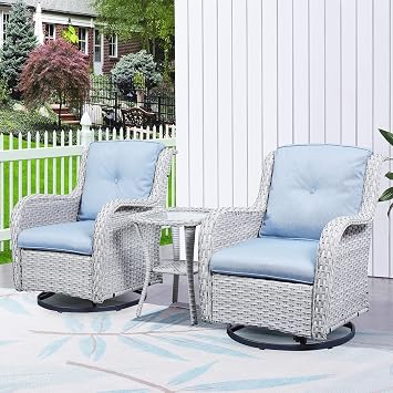 HUMMUH 3-Piece Swivel Rocking Rattan Chair Outdoor,Patio Bistro Furniture Conversation Set,Wicker Chair with Glass Side TableLight Grey,Light Blue