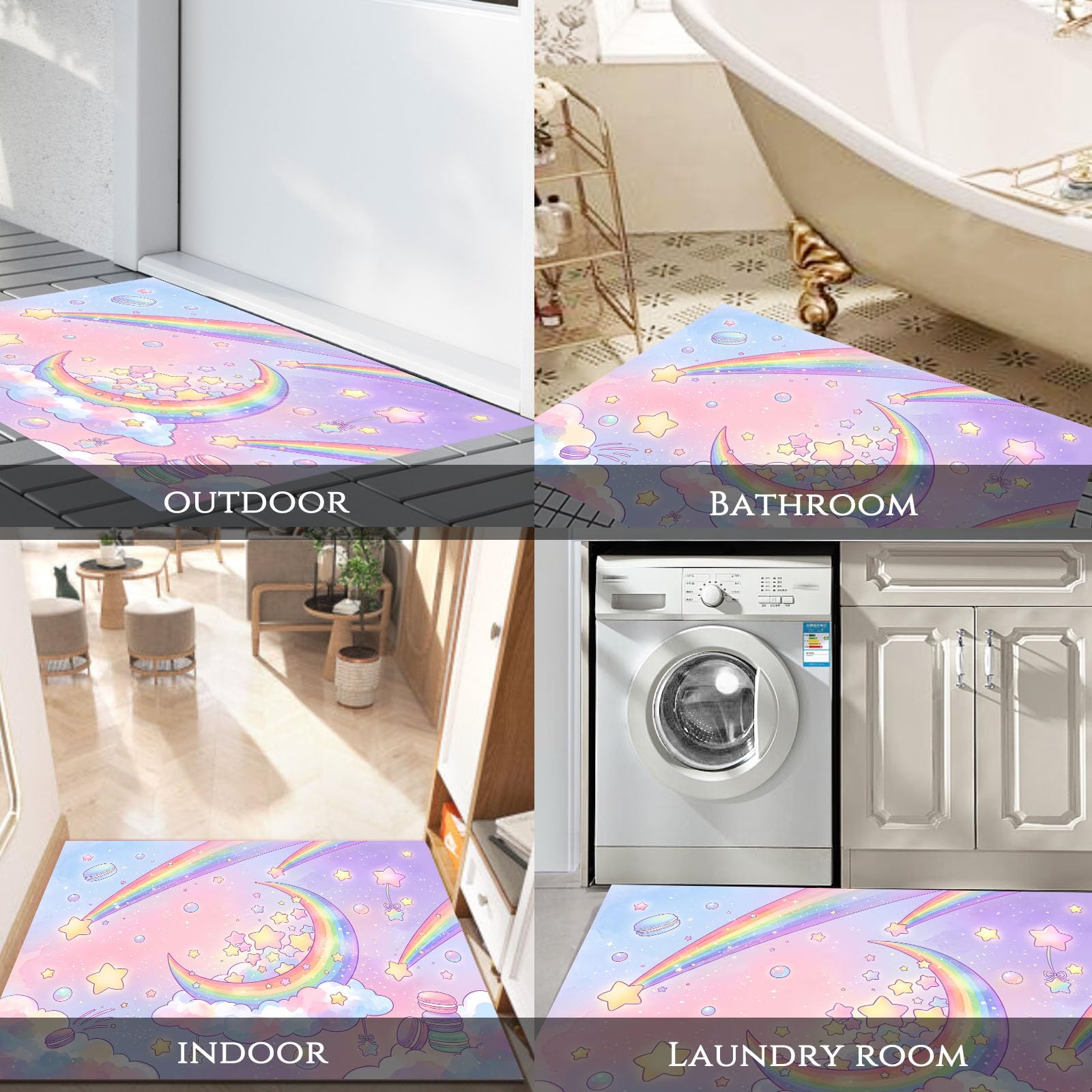Felpudo Entrada Casa Arcoíris Lunar 80x120cm | Alfombra de Puerta Estilo De Chica Soñadora, Felpudo de Bienvenida, Antideslizante, Alfombra Decorativa de Perfil bajo para Pasillo y Sala