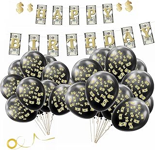 Money Themed Birthday Banner & Latex Balloons Decoration KIT Dollar Bill Party Decorations for Birthdays Baby Showers Casino Weddings Bachelorette Retirement Anniversary Graduations Party
