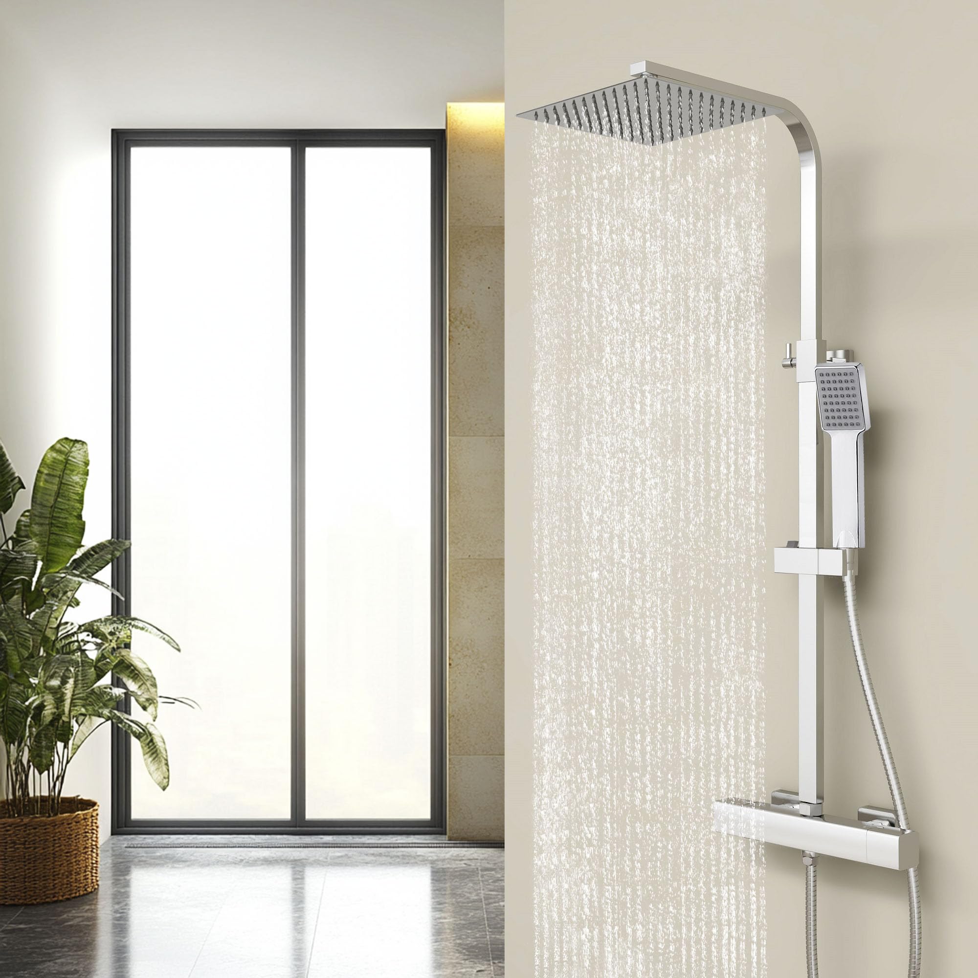 AICA Columna de Ducha Termostática Plata Brillante, 25x25cm Grande Rociador Superior Acero Inoxidable Diseño Sencillo para Baño