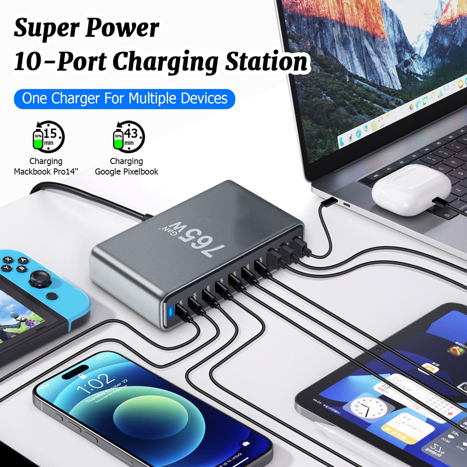 Caricatore USB C da 765 W, max. PD140 W, 10 porte, caricatore rapido, Gan 3, con 7 porte USB C + 3 porte USB A per MacBook Air, iPad, Phone 17/16/15 Pro Max 14, Galaxy S22 S20