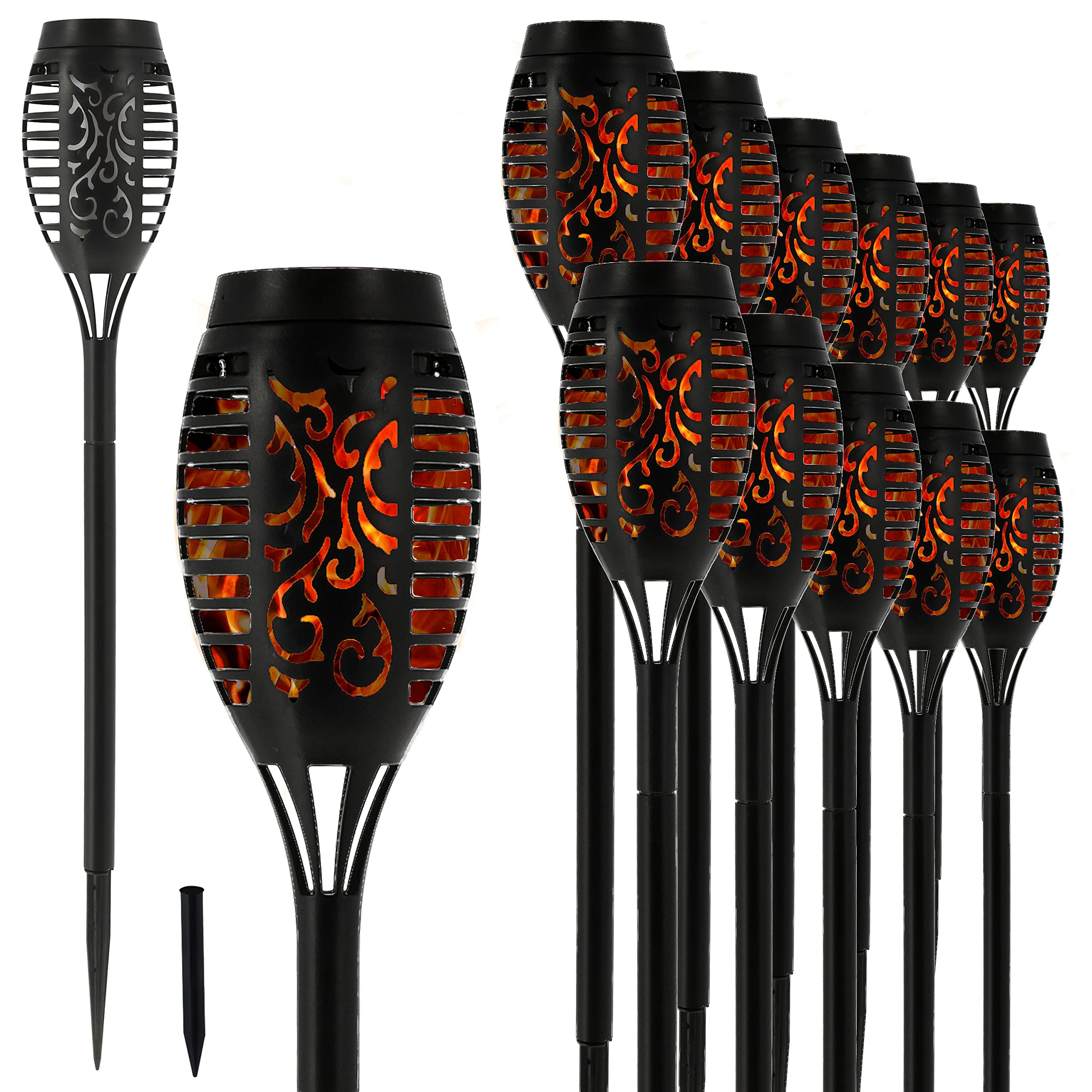 Cepewa Set di 12 fiaccole solari a LED, altezza 50 cm, effetto fiamma, 7 LED SMD, lampada decorativa da giardino, fonte di luce (1 set di 12 torce solari a LED da 50 cm), colore nero