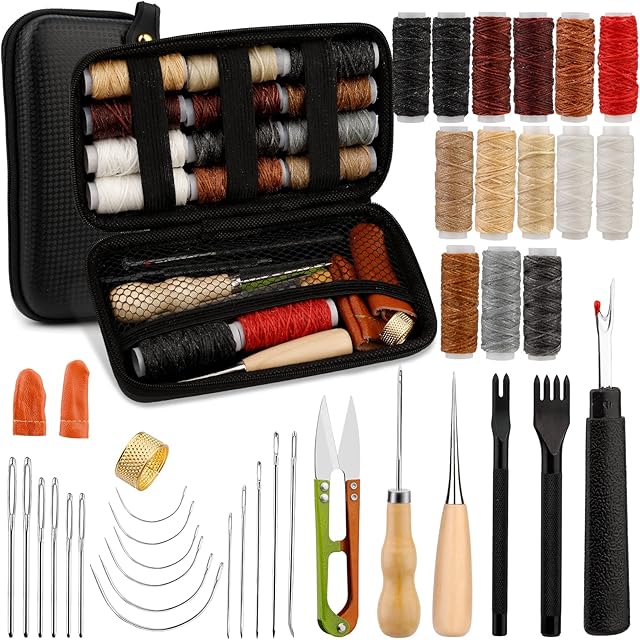 37-Pack Upholstery Repair Kit, Leather Stitching Kit with Waxed Thread, Sewing Awl, Seam Ripper, Leather Sewing Kit with Large-Eye Stitching Needles for DIY Leather Craft Repair