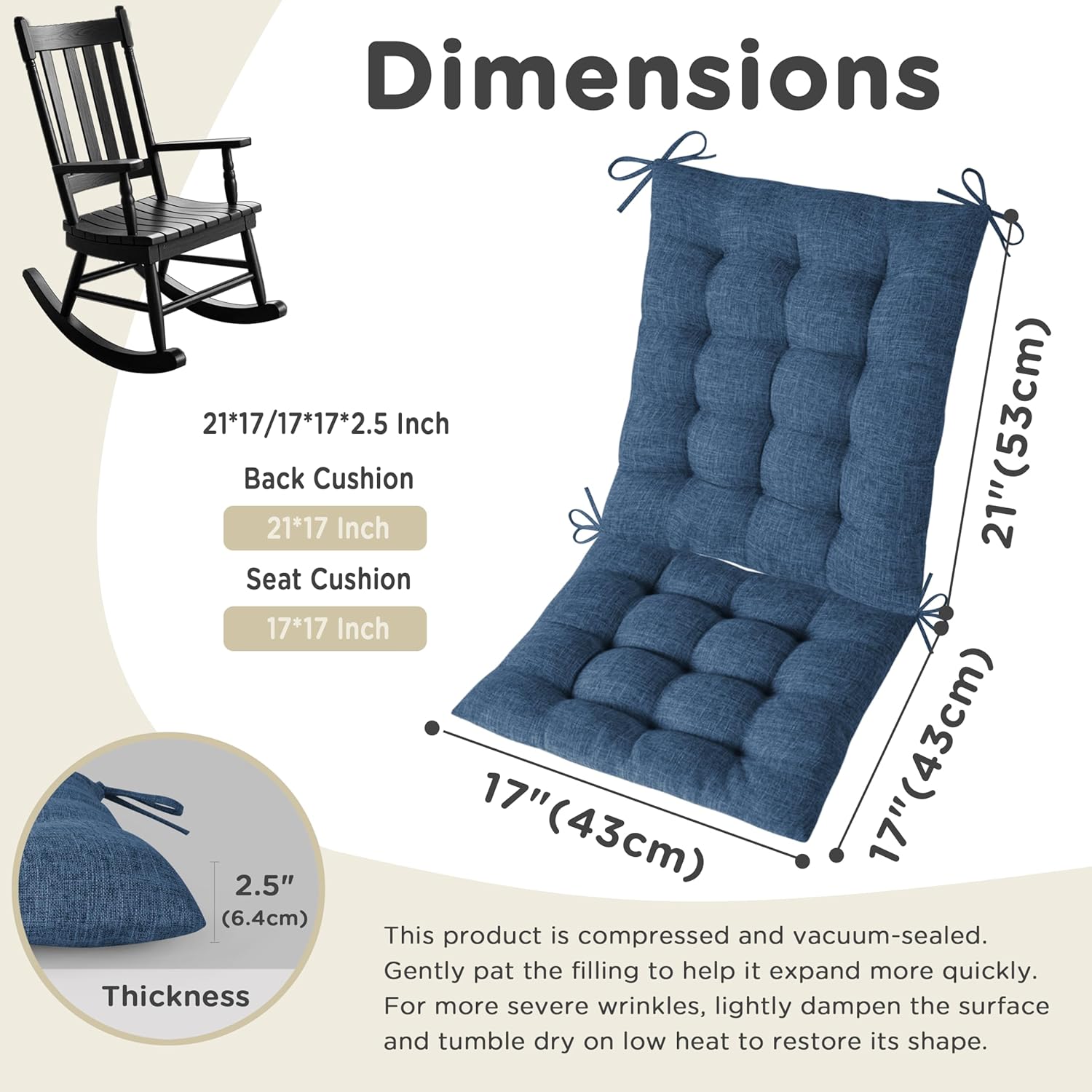 AddGrace Rocking Chair Cushions Indoor Tufted Cushions for Rocking Chairs with Ties Comfortable Textured Fabric Set of Seat & Back Cushion 21x17/17x17 Navy