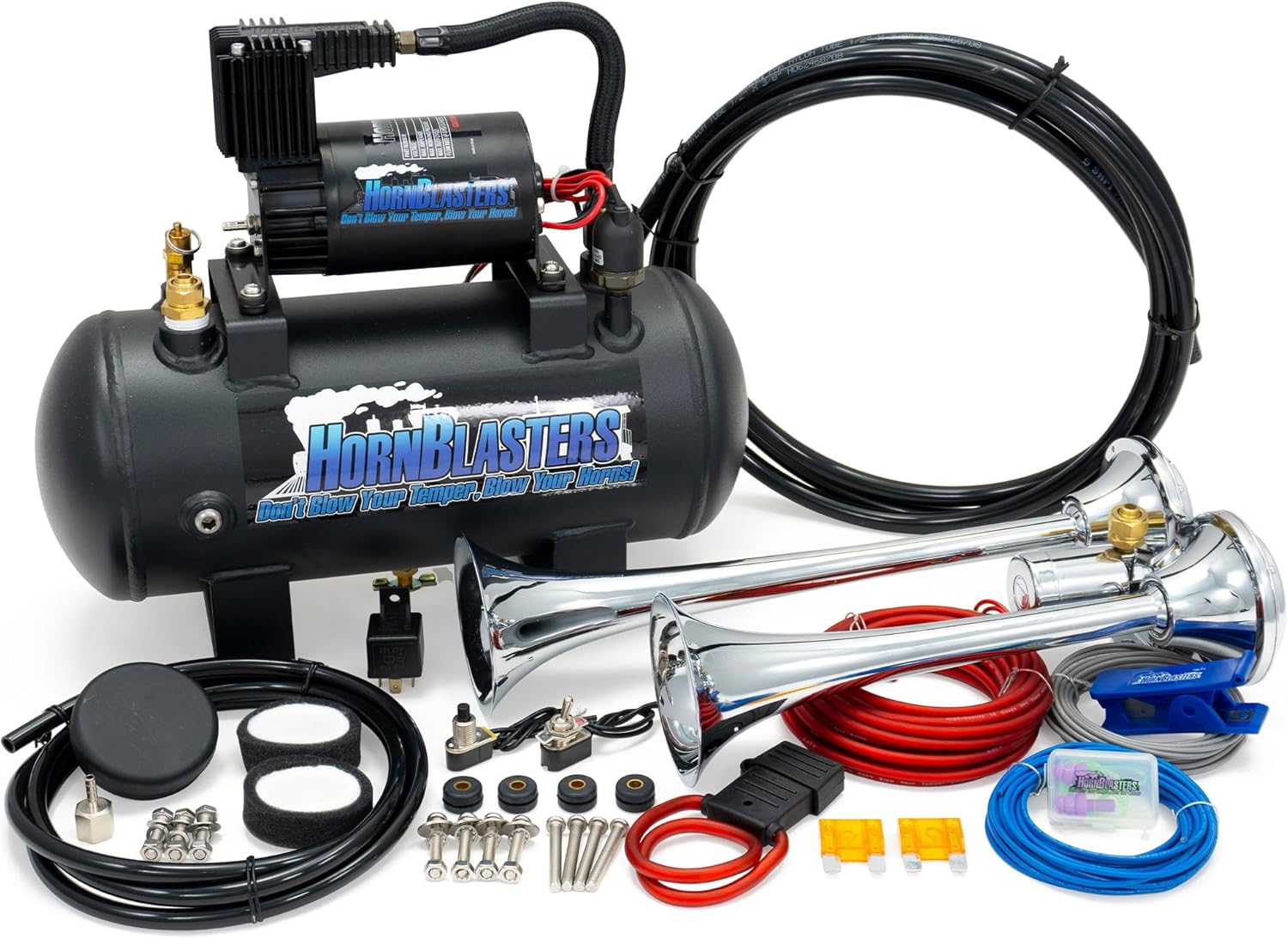 PsychoBlasters 127H 1.5 Gallon All-In-One Air Horn Kit - 2 Chrome Trumpets - Easy Install