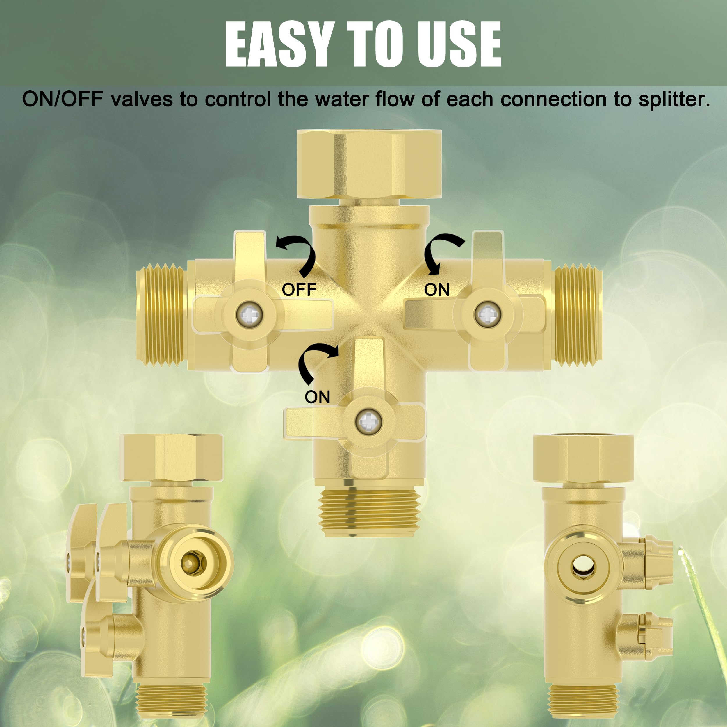 YANWOO Splitter per tubo da giardino a 3 vie in metallo resistente con valvole di intercettazione, connettori per rubinetto ad alto flusso da 3/4" con 4 rondelle extra in silicone