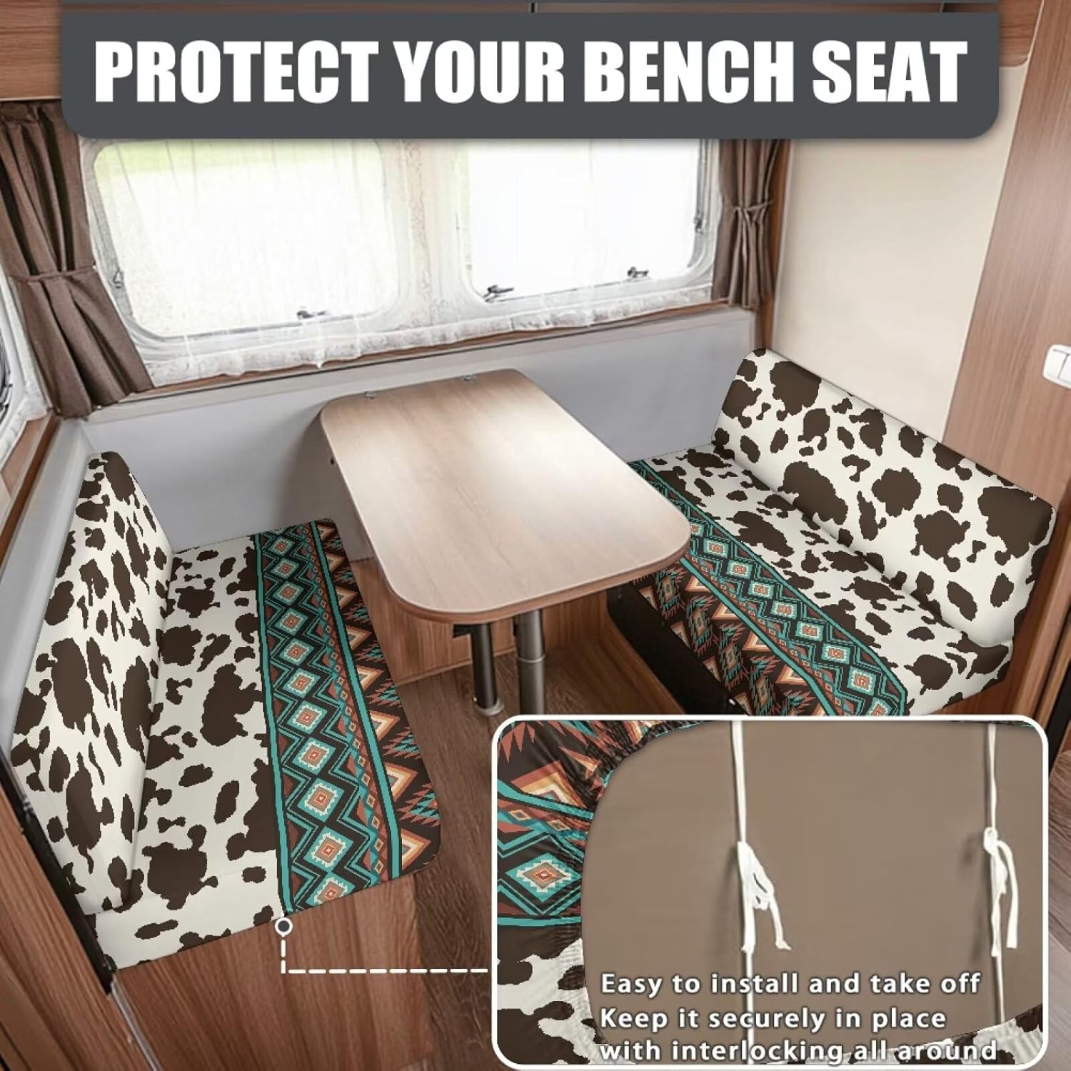 GULANGYU Aztec Cow Print Camper Couch Covers Dinette Booth Set 2 Pack RV Dinette Cushion Covers Elastic RV Seat Covers for Bench Seat & Backrest RV Camper Decor Must Haves