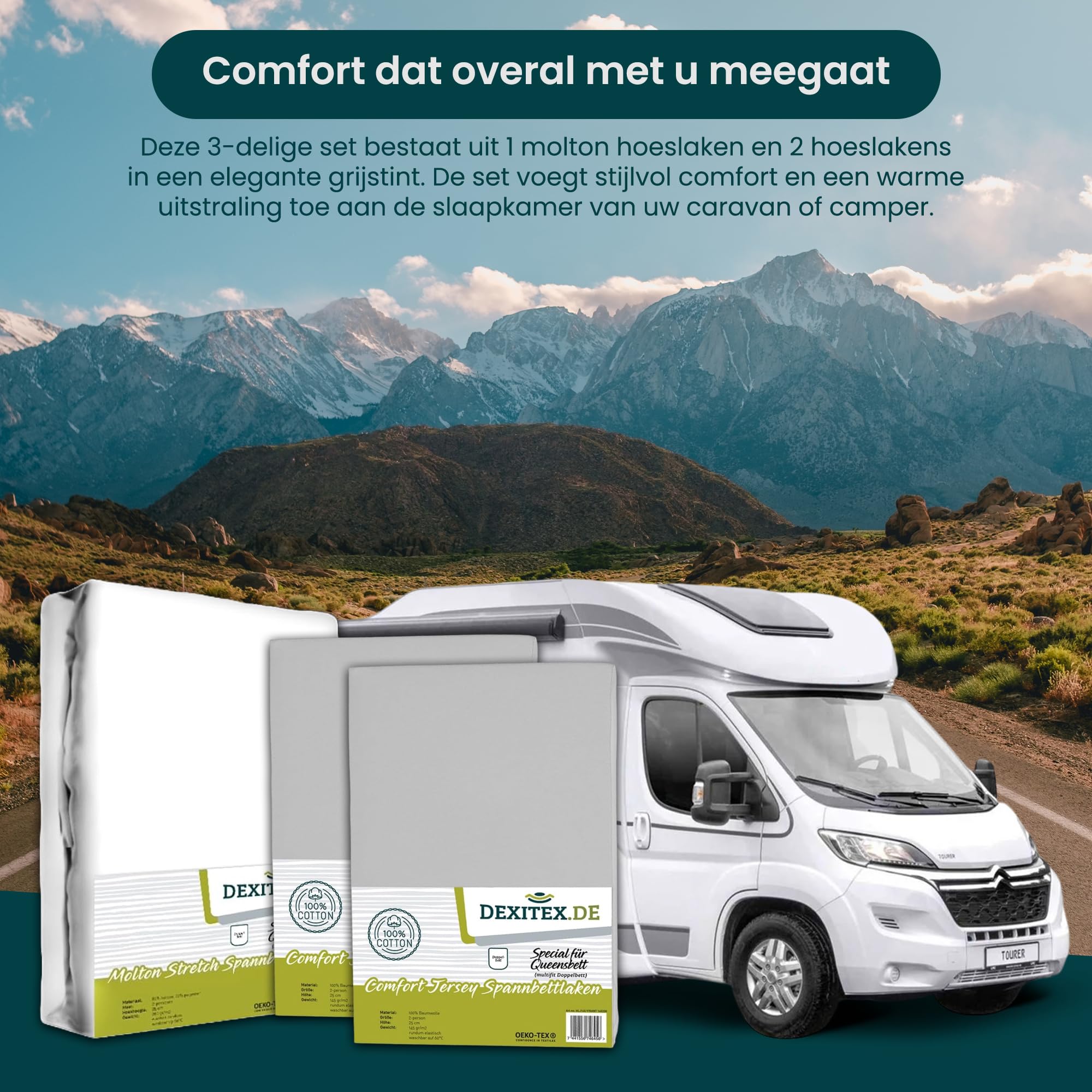 Bettlaken Wohnwagen Queensbett - 3er Set - 1 Molton, 2 Spannbettlaken - Grau- Bettlaken aus hochwertiger Baumwolle -Oeko-TEX - Multi-Stretch-Spannbettlaken für Wohnmobil und Wohnwagen