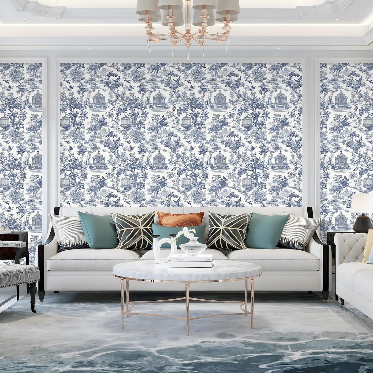 17.32"x393.7" Peel and Stick Wallpaper Vintage Floral and Birds Contact Paper Blue and White Wallpaper Modern Boho Removable Self Adhesive Wall paper Vinyl Rolls for Bathroom Bedroom Walls Decor