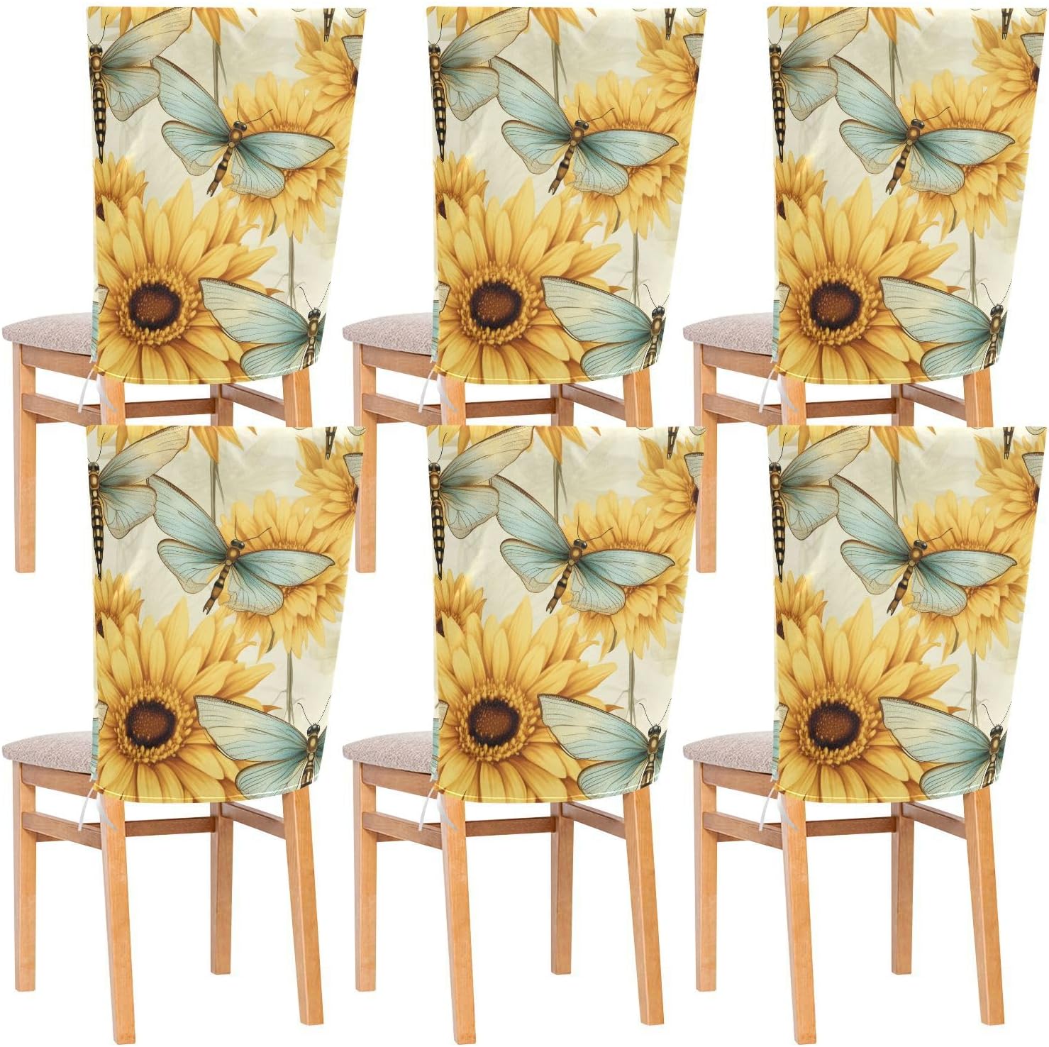 ALAZA Vintage Sunflowers Dragonfly Butterfly Chair Back Cover Set of 6, Washable Reusable Removable Chair Slipcovers Decorative Chair Cover for Home Kitchen Wedding Party