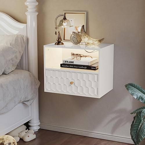 HLR Mesita de noche flotante con luz, moderna mesita de noche con cajón, mesita de noche de madera decorativa para dormitorio, mesa auxiliar