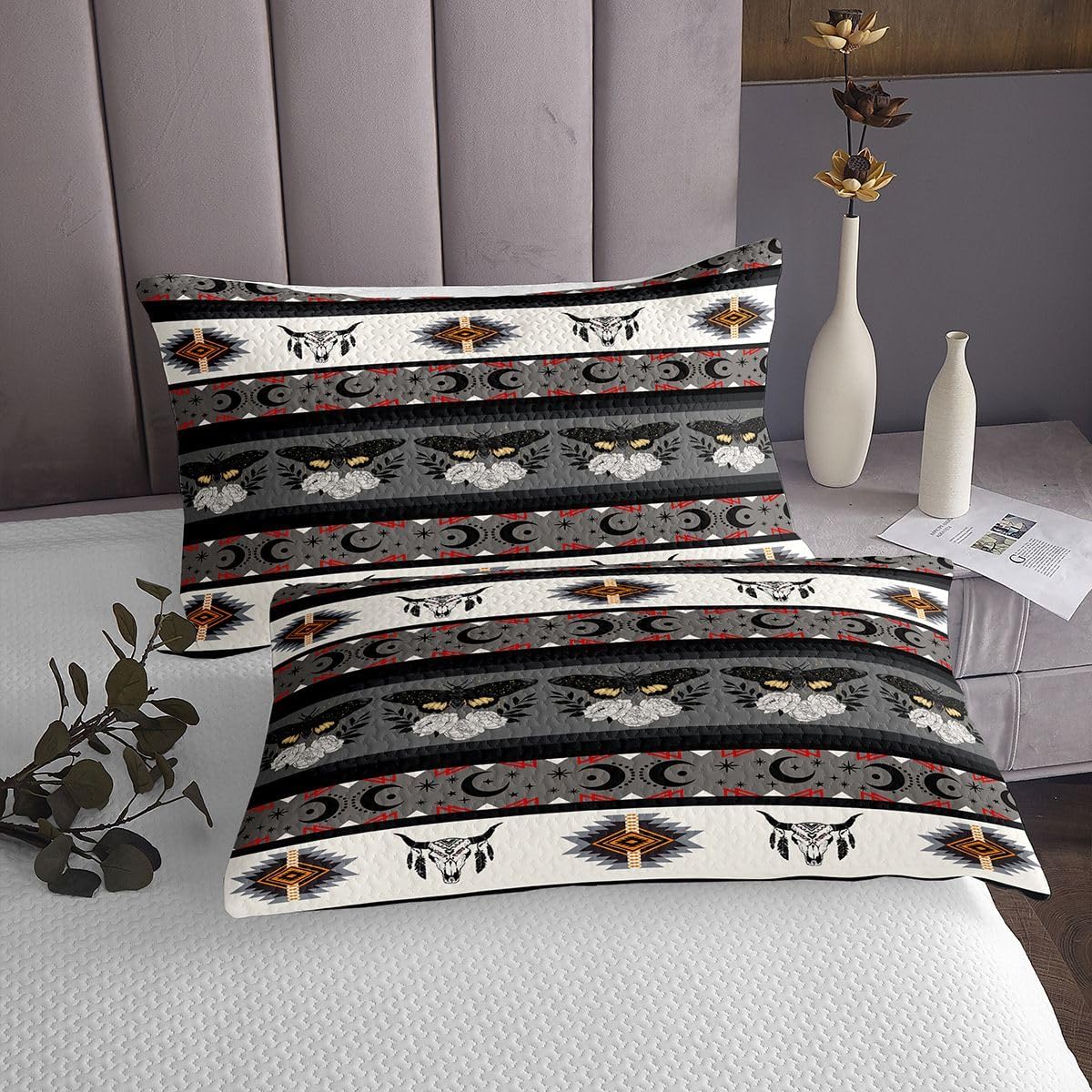 Erosebridal Boho Moth Quilted Bull Skull Coverlet Set for Kids Child Boys Girls,Sun and Moon Southwestern Bedspread Geometric Aztec Decor Western Quilt Set King,Bohemian Room Decor Grey