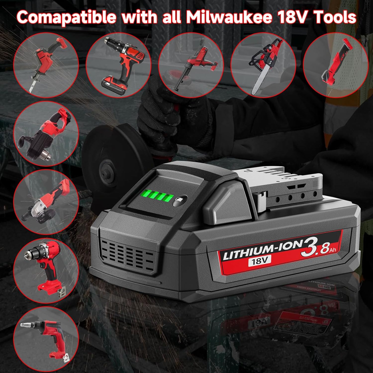2Pack 3.8Ah Replacement for Milwaukee M18 Battery 18V Lithium Battery Compatible with 18 Volt 48-11-1850 48-11-1865 48-11-1852 48-11-1840 48-11-1820 48-11-1828 Cordless Power Tools