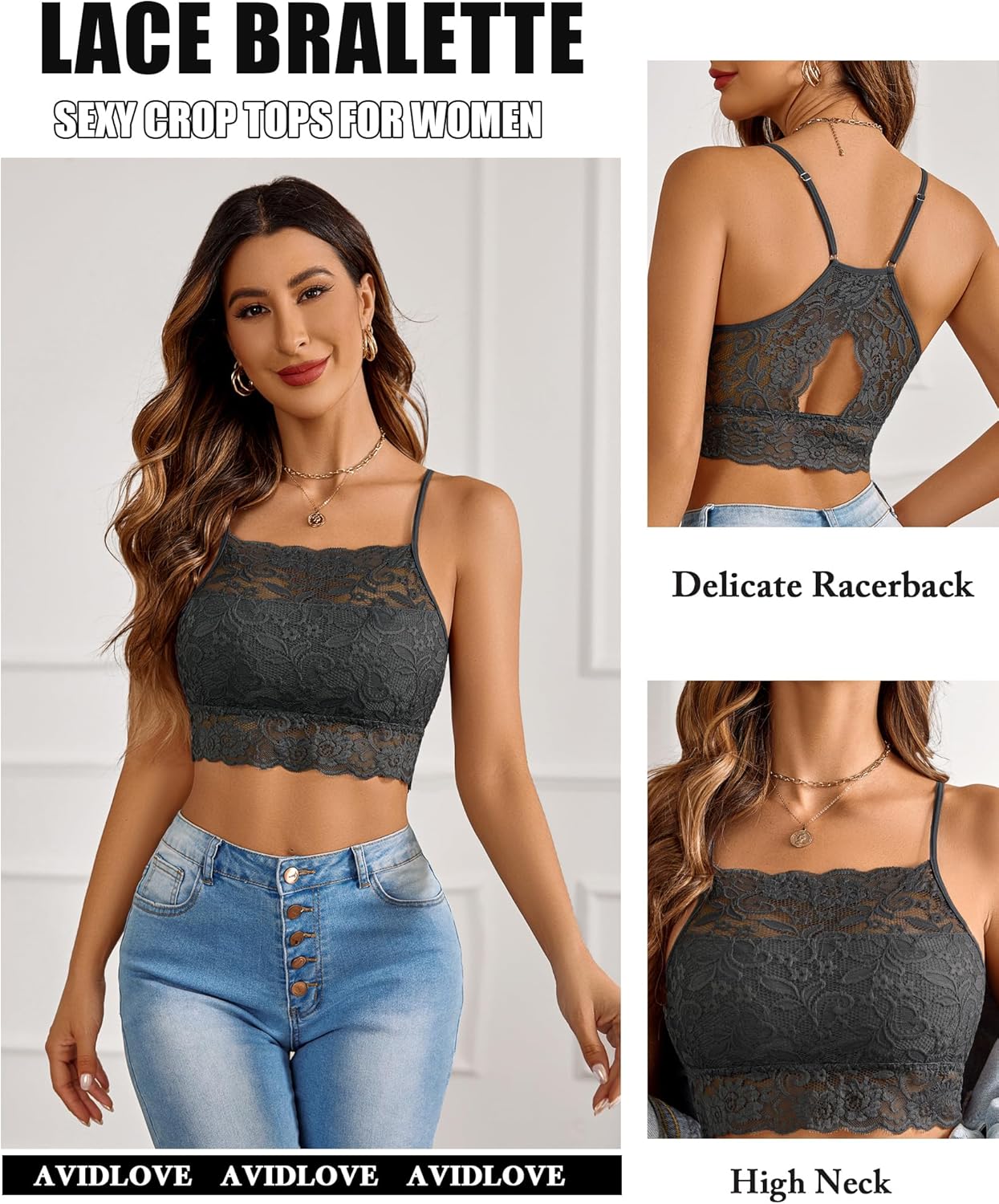 Avidlove Lace Bralette for Women High Neck Camisoles Racerback Double-Layered Crop Top - Image 2