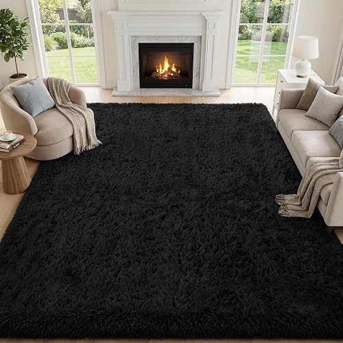 PLHXFR 6x9 Area Rugs Living Room: Fluffy Bedroom Rug Shag Carpet Black | Upgrade Non-Slip High Pile Carpet Fuzzy Plush Indoor Floor Decor Shaggy Rugs for Kid Boys Girls Playroom Nursery Modern Home