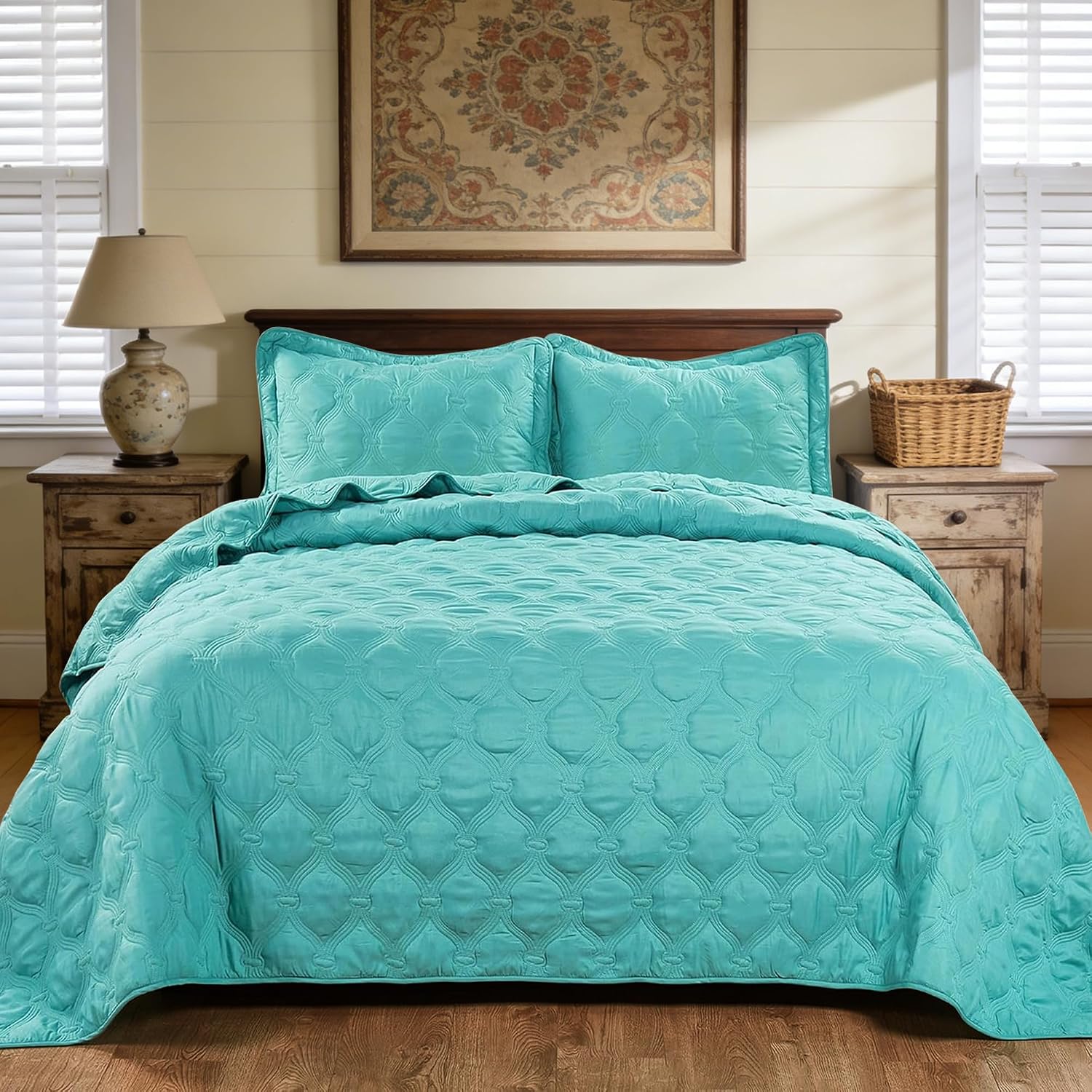 HESTIN 3 Piece Interlocking Diamond Pattern Alternative Quilted Bedspread Set, Soft Lightweight Coverlet Solid Color Bedding Set with Beautiful Stitching, Blue, Twin 80" x 106"