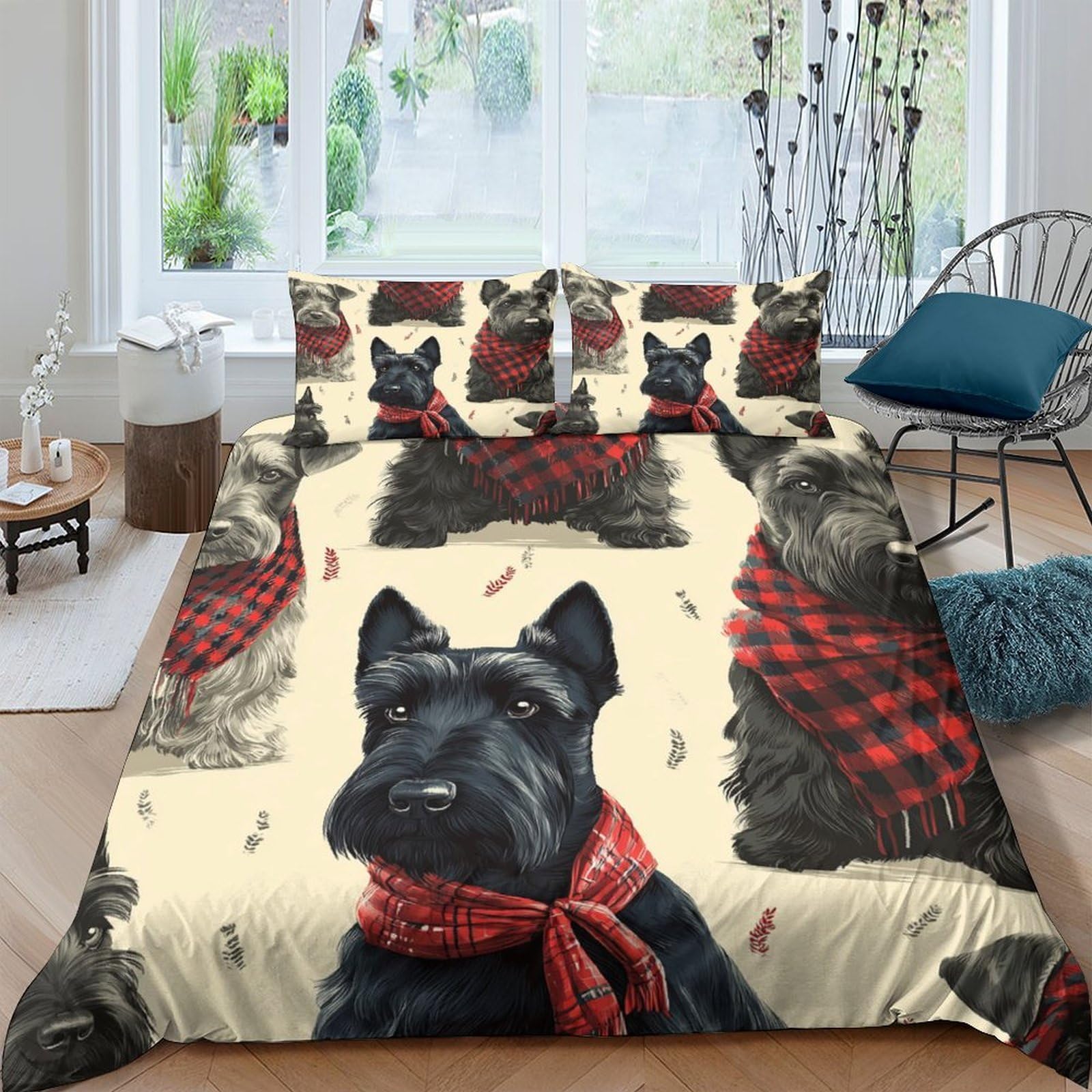 Ctjqhvkz Style-2 3D Printed Scottish Terrier Dog Fitted Sheet Microfiber Soft Plaid Pattern Bed Cover For Bedroom Guest Room Decor Single（135X200cm）