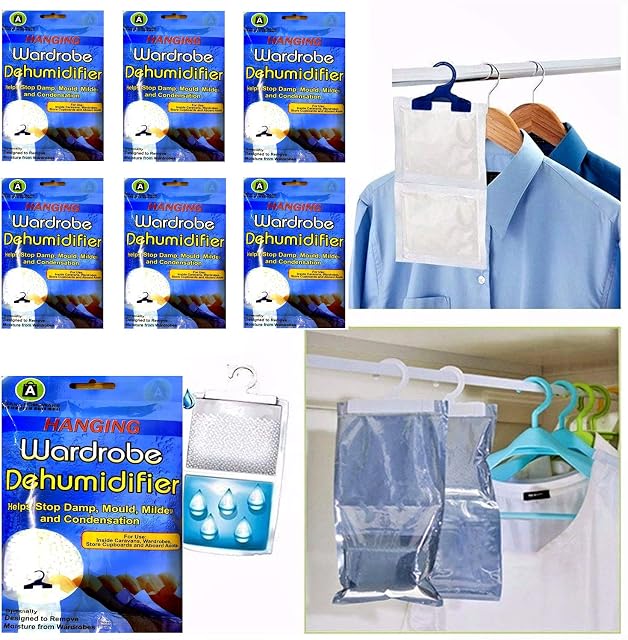 6 x Hanging Wardrobe Dehumidifier Stop Moisture Humid Remover Dehumidifiers for Damp, Mould, Moisture in Bedroom, Bathroom, Basement, Garage, Wardrobes, Caravan, Shed, Office, Wardrobe, 210g Pack of 6