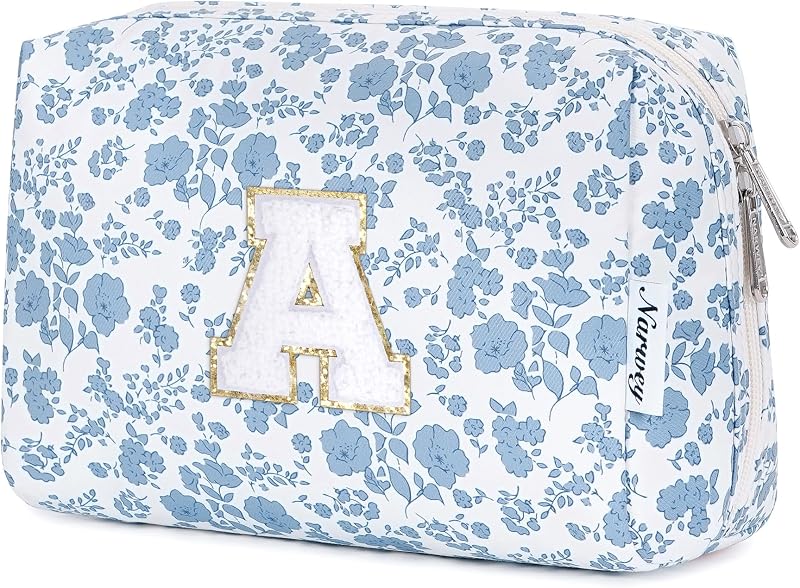 Necessaire de maquiagem Narwey com inicial, estampa Little Blue Flower, modelo 5288